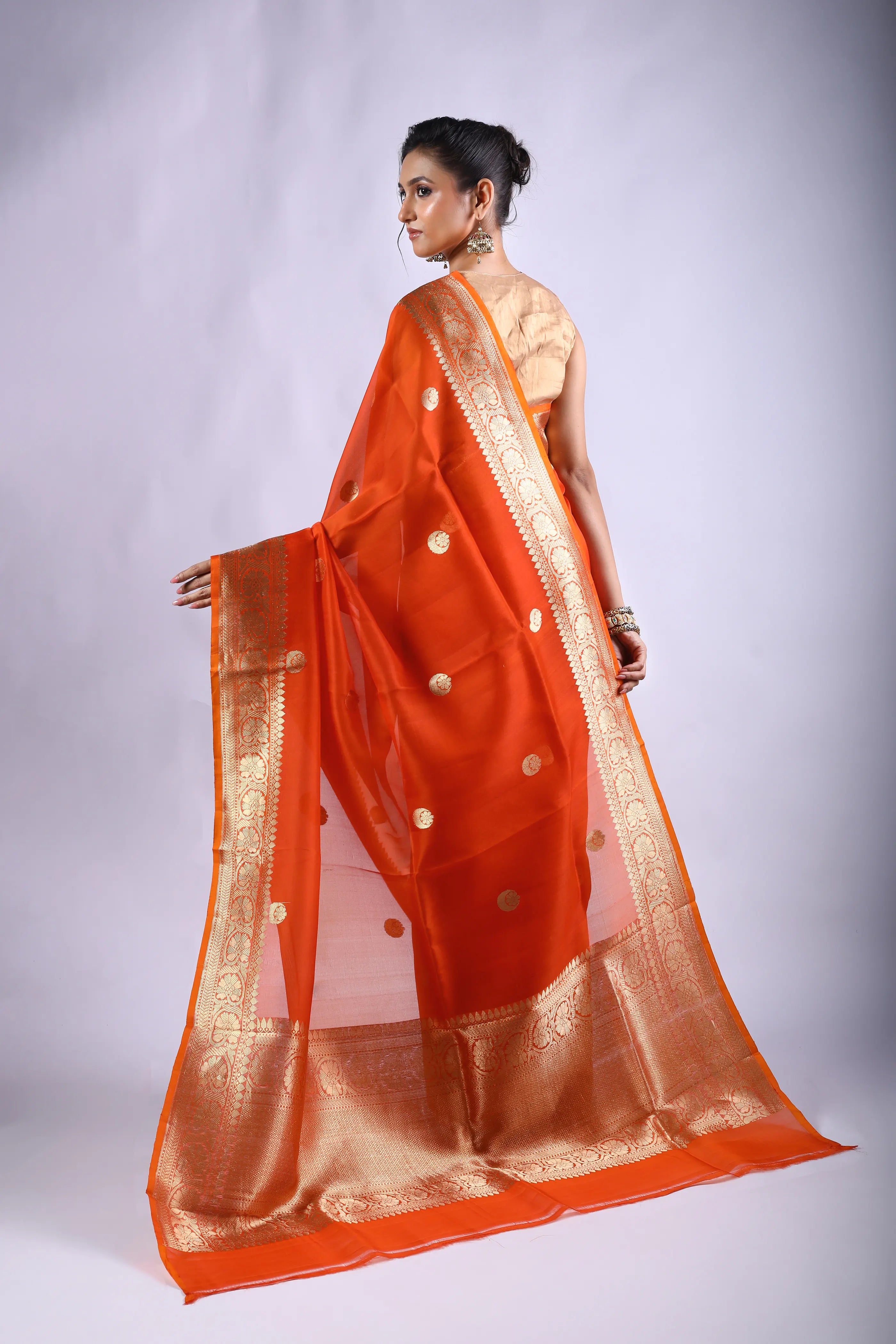 Orange Chand Tara Kora Banarasi Saree With Blouse Piece