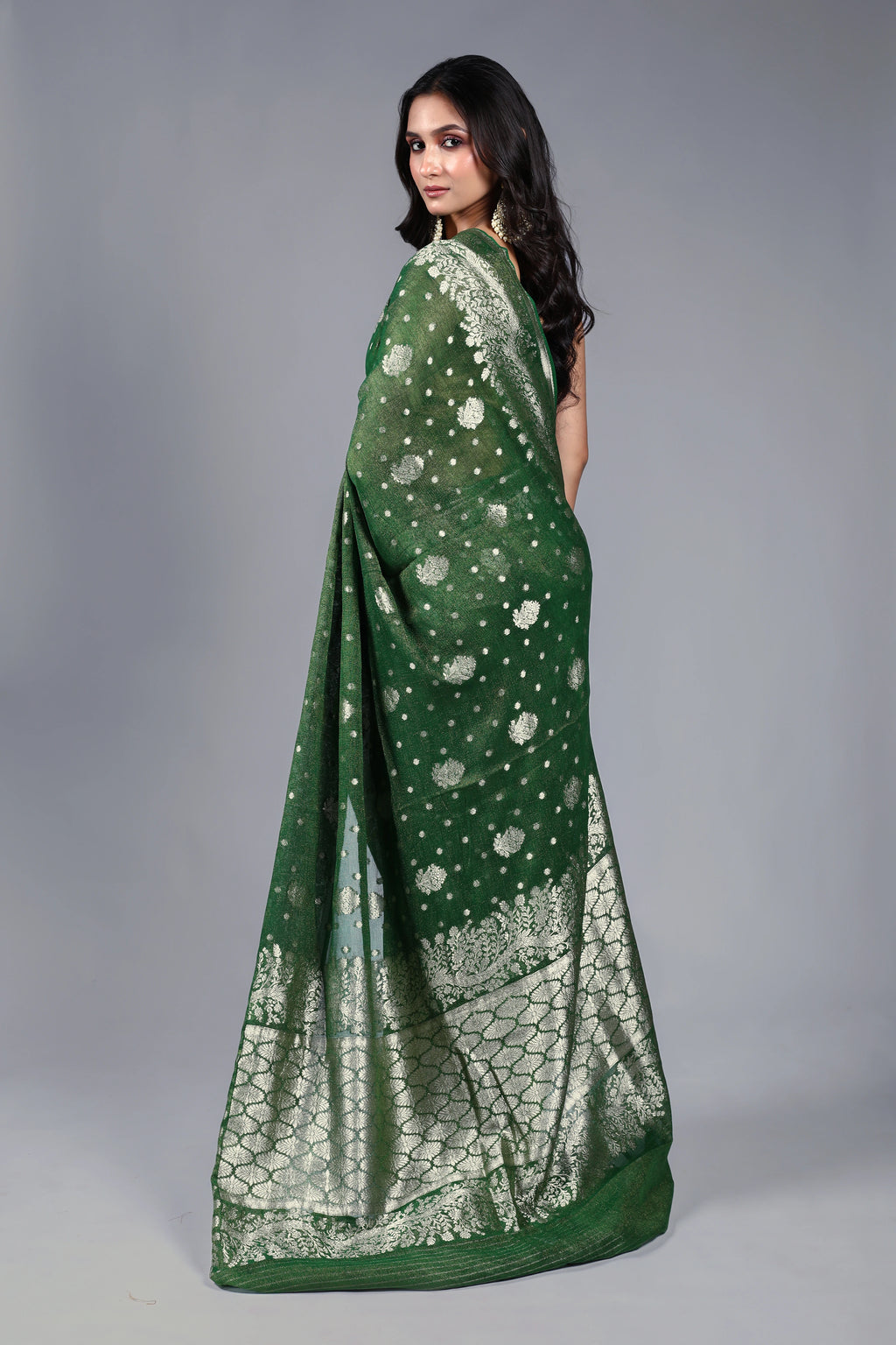 Dark Bottle Green Semi Khaddi Saree With Blouse Piece