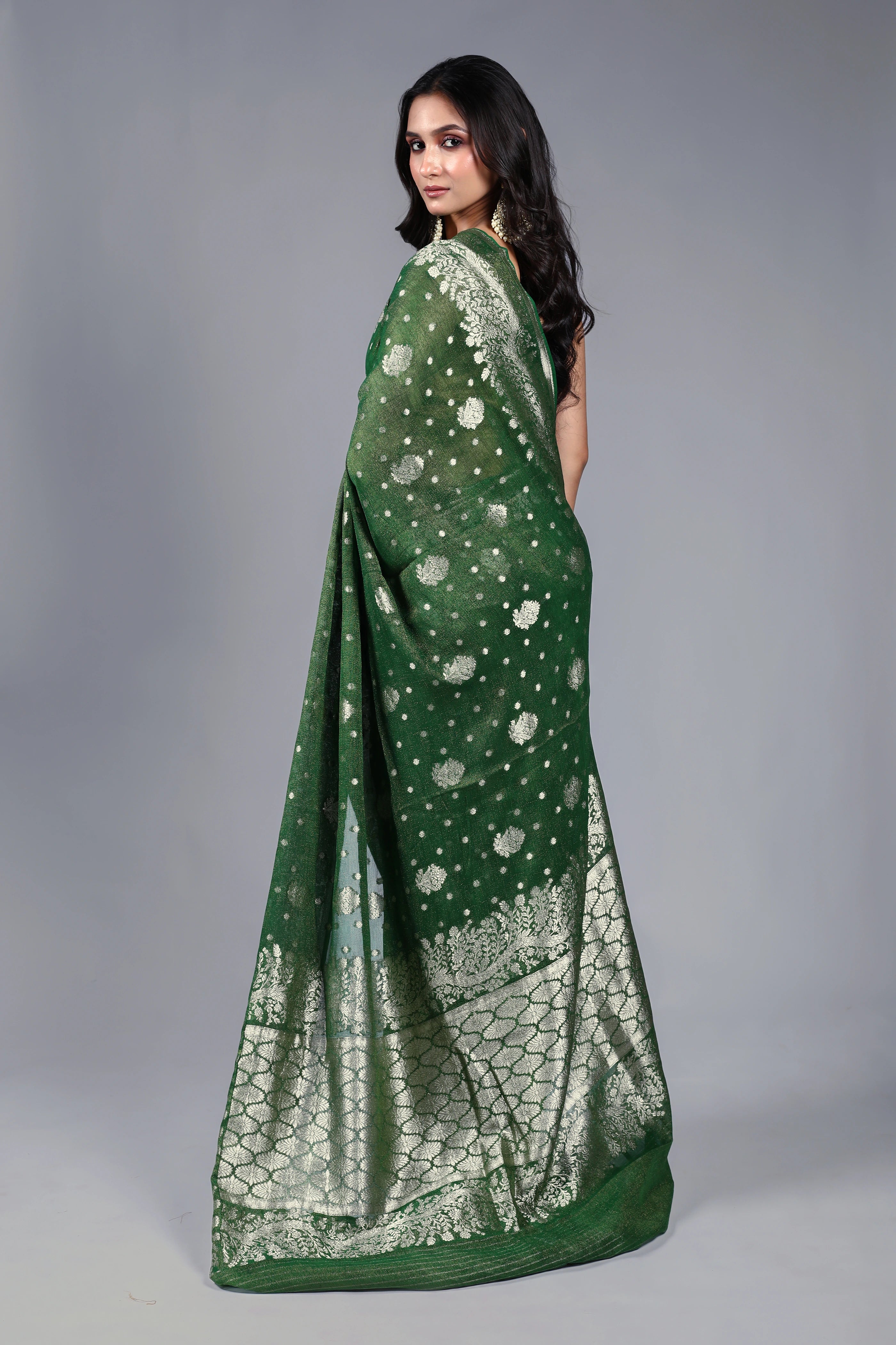Dark Bottle Green Semi Khaddi Saree With Blouse Piece