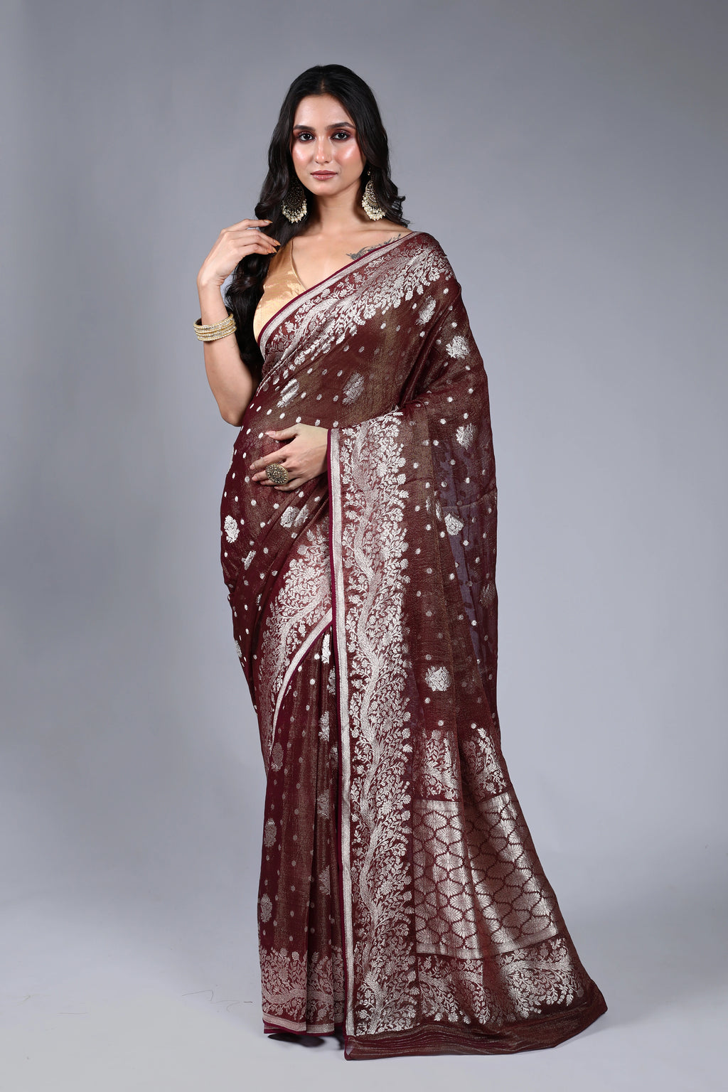 Wine Semi Khaddi Saree With Blouse Piece