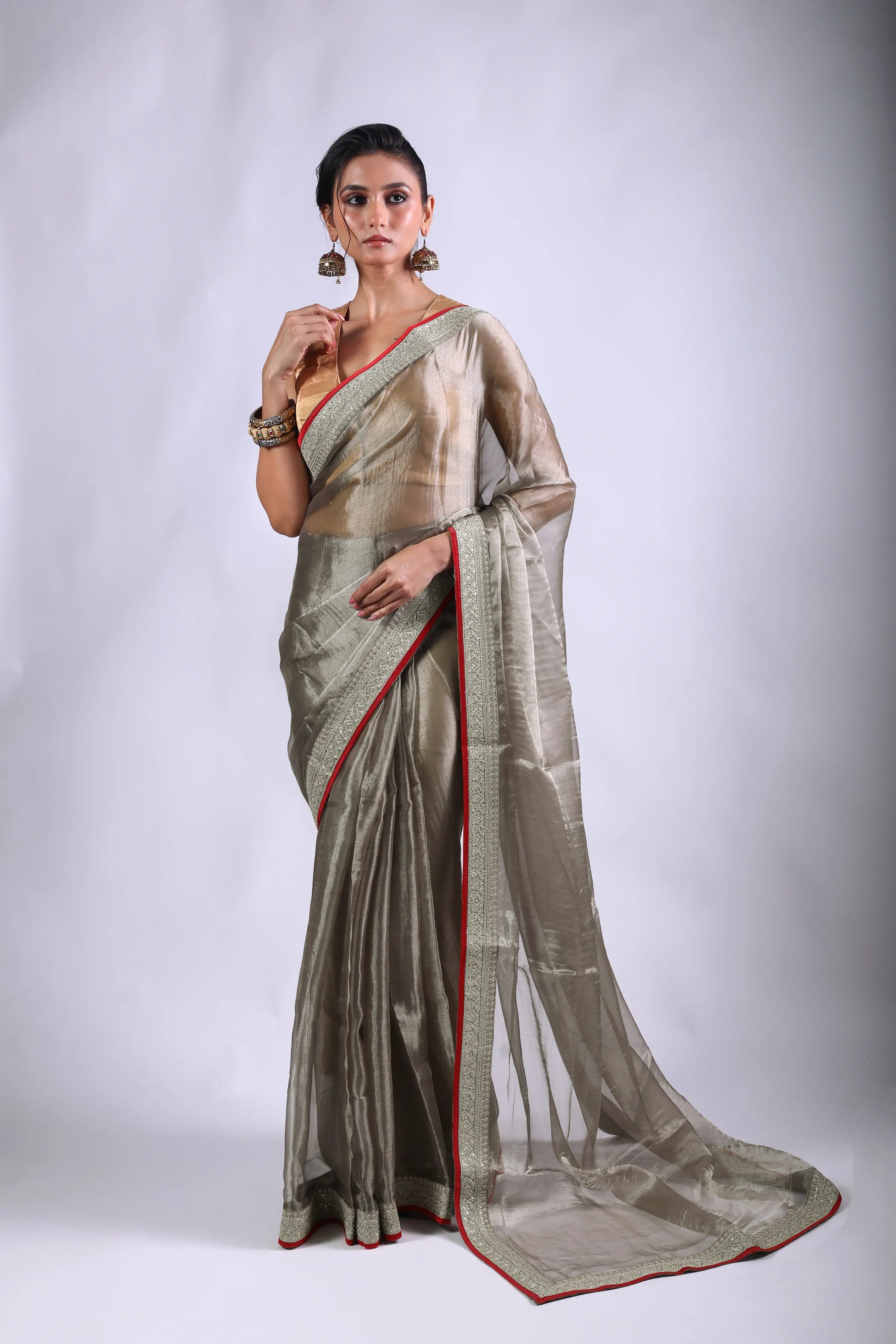 Grey Tissue Banarasi Saree With Blouse Piece