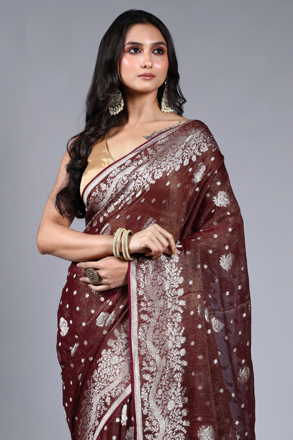 Wine Semi Khaddi Saree With Blouse Piece