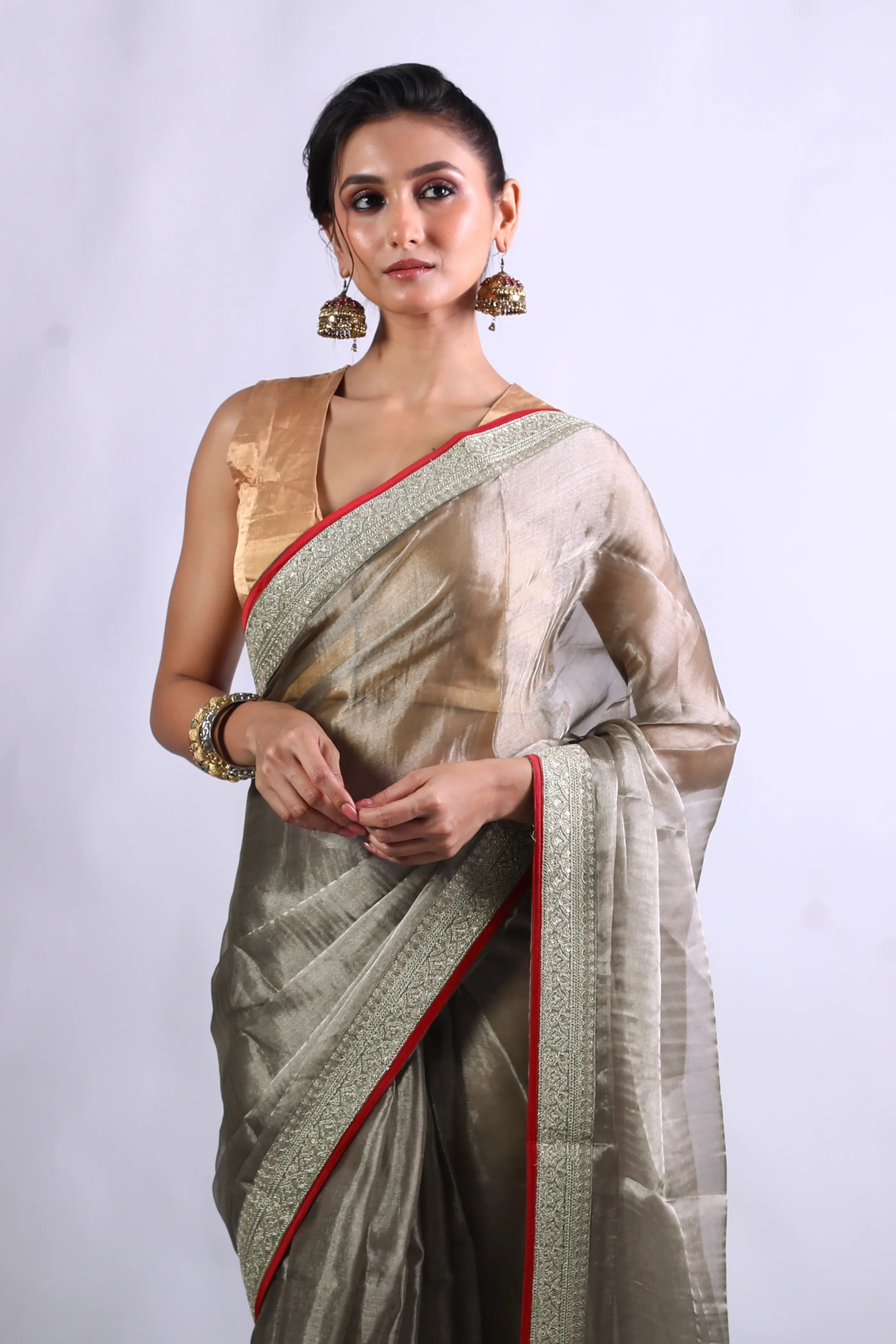 Grey Tissue Banarasi Saree With Blouse Piece