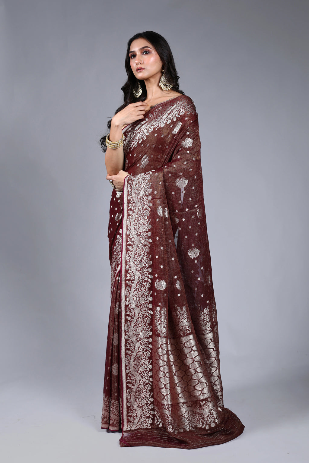 Wine Semi Khaddi Saree With Blouse Piece