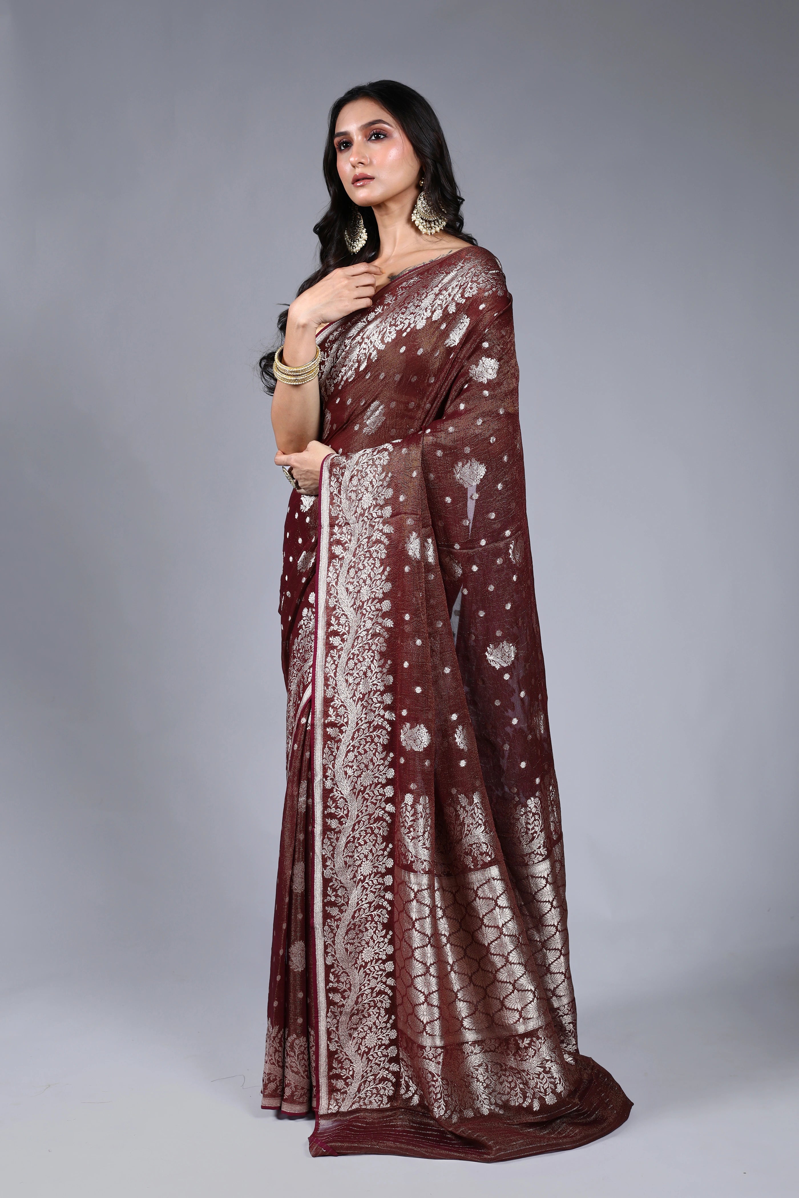 Wine Semi Khaddi Saree With Blouse Piece