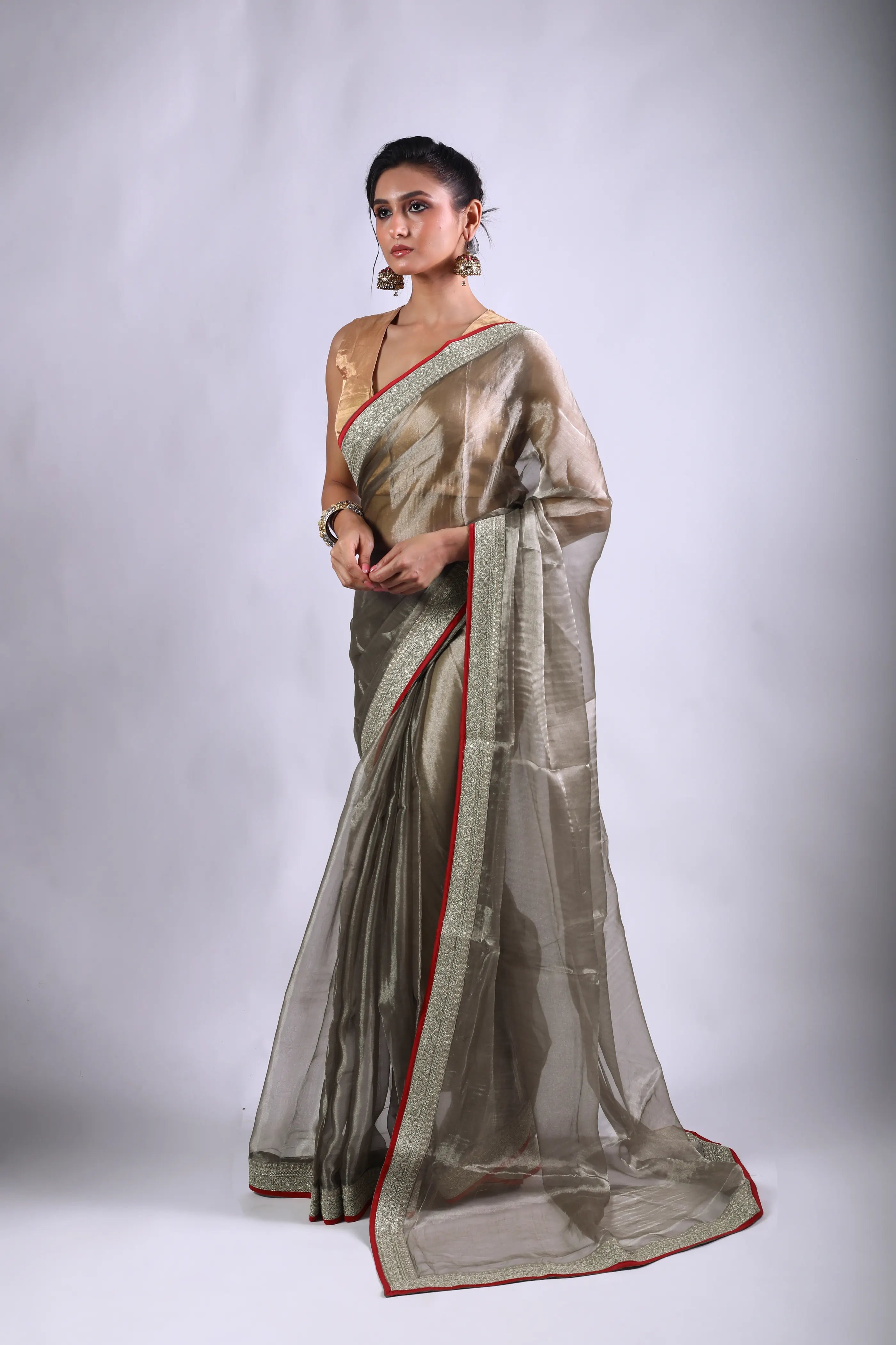 Grey Tissue Banarasi Saree With Blouse Piece