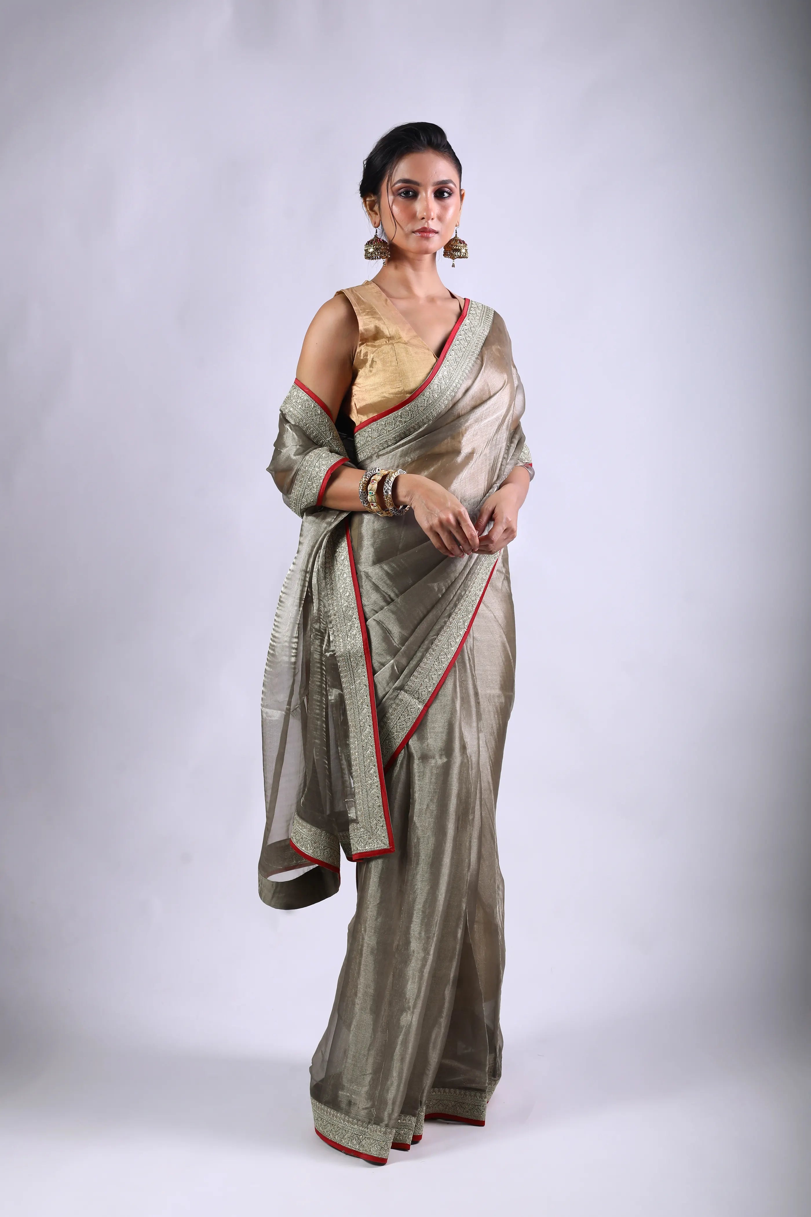 Grey Tissue Banarasi Saree With Blouse Piece