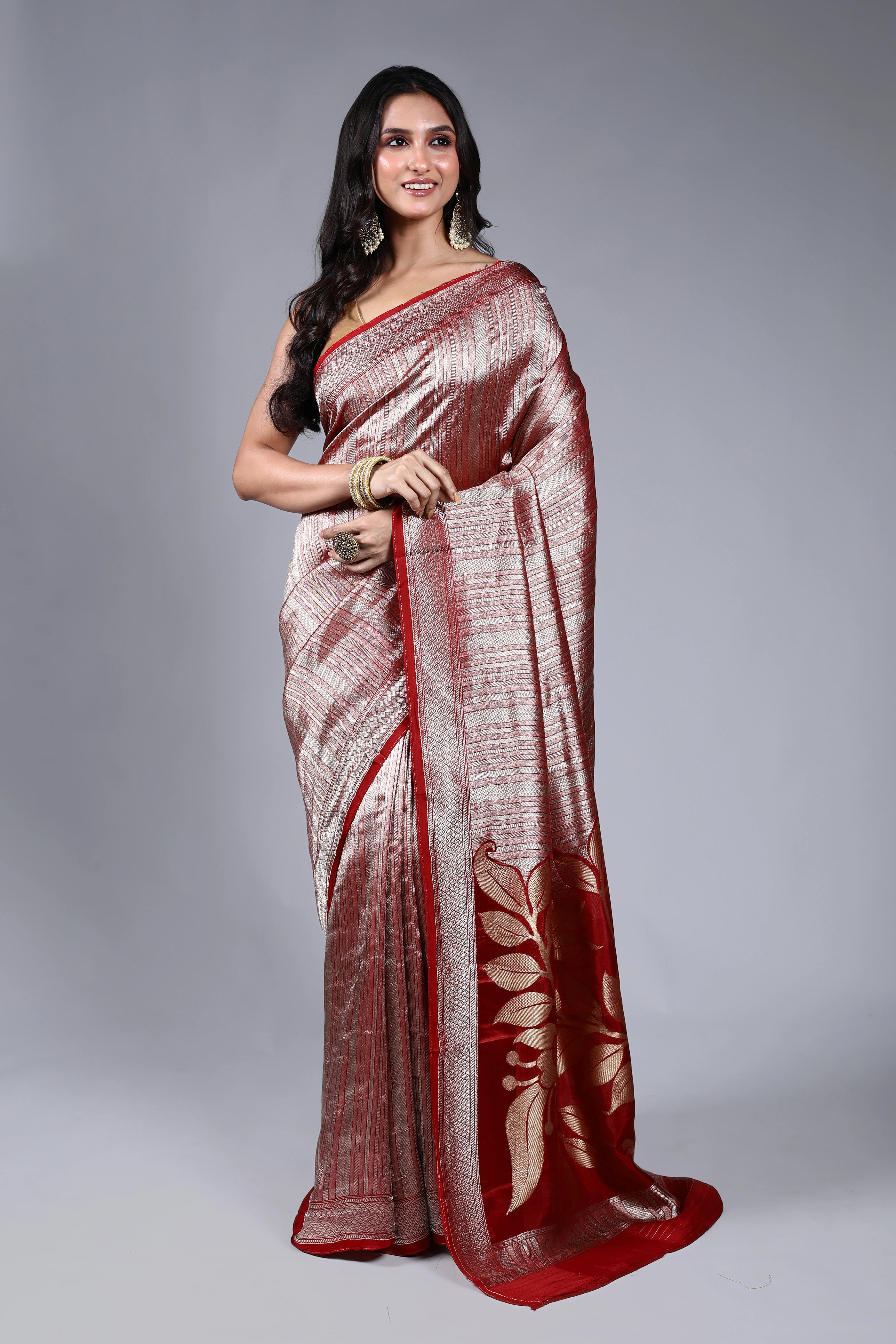 Dark Red Semi Mashru Saree With Blouse Piece