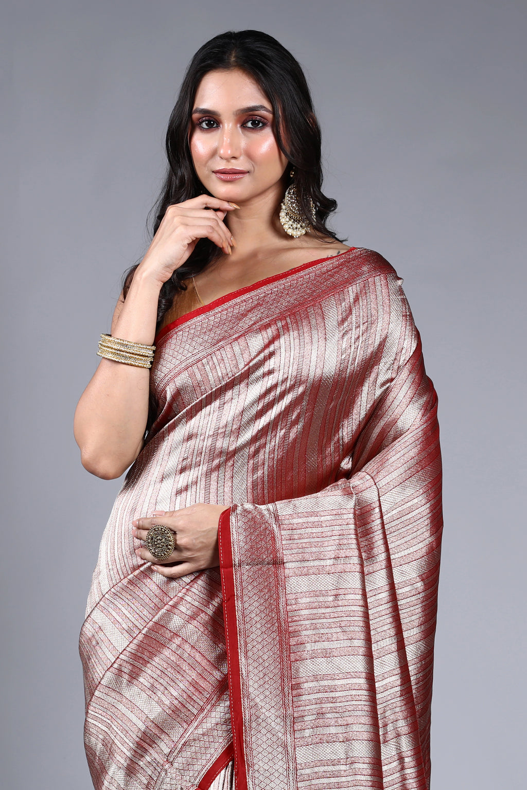 Dark Red Semi Mashru Saree With Blouse Piece