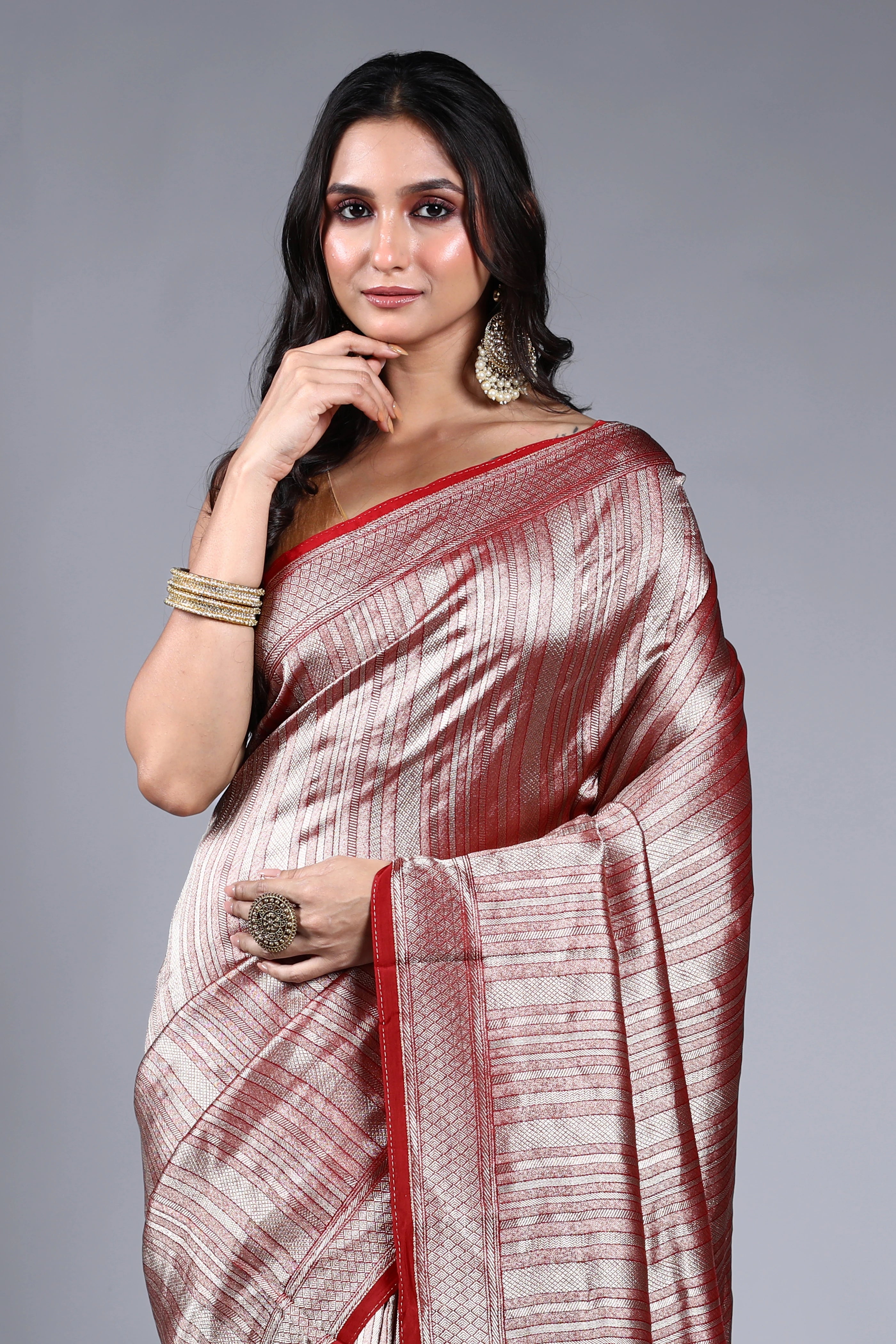 Dark Red Semi Mashru Saree With Blouse Piece