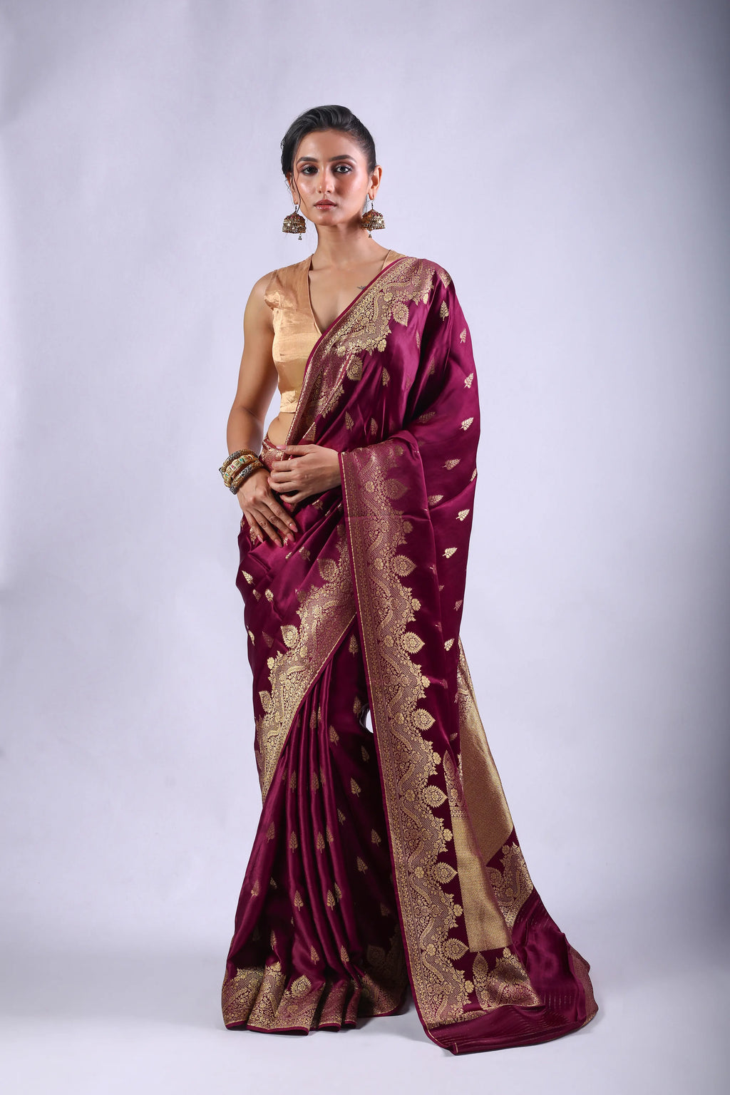 Wine Semi Mashru Saree With Blouse Piece