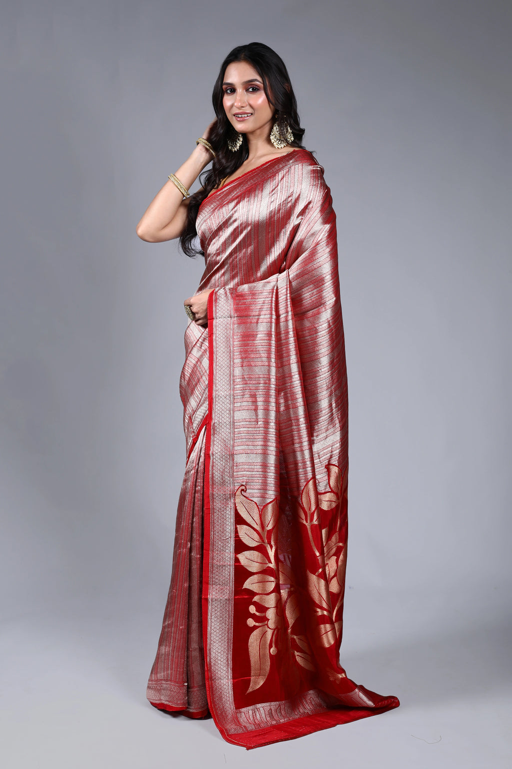 Dark Red Semi Mashru Saree With Blouse Piece