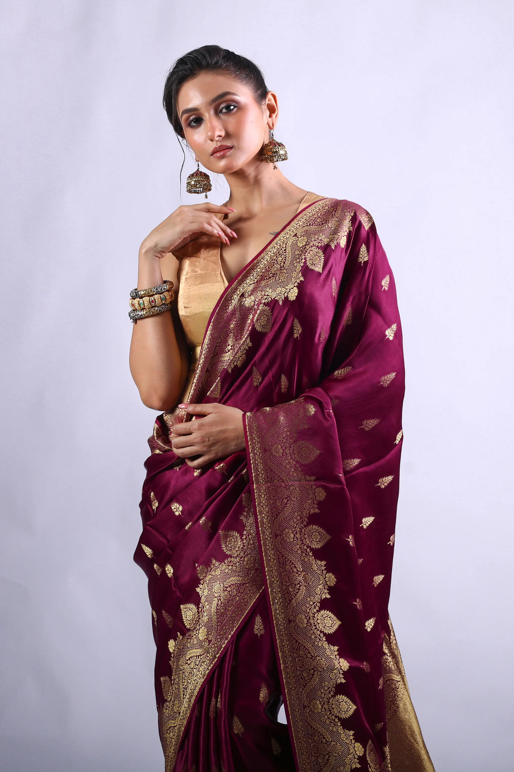 Wine Semi Mashru Saree With Blouse Piece