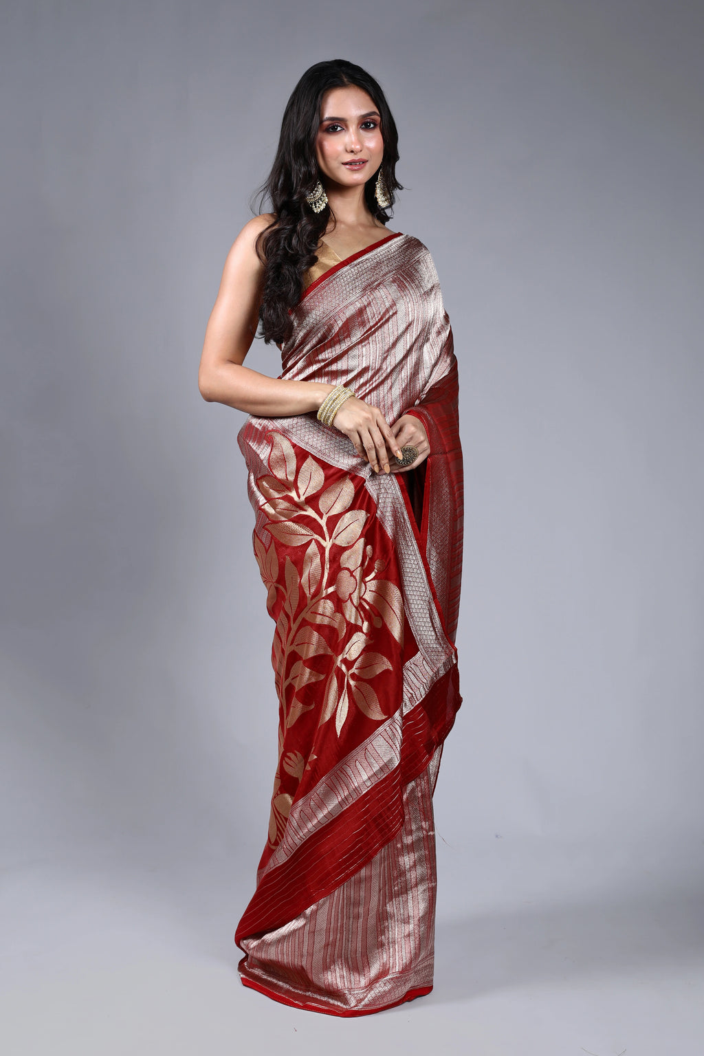 Dark Red Semi Mashru Saree With Blouse Piece