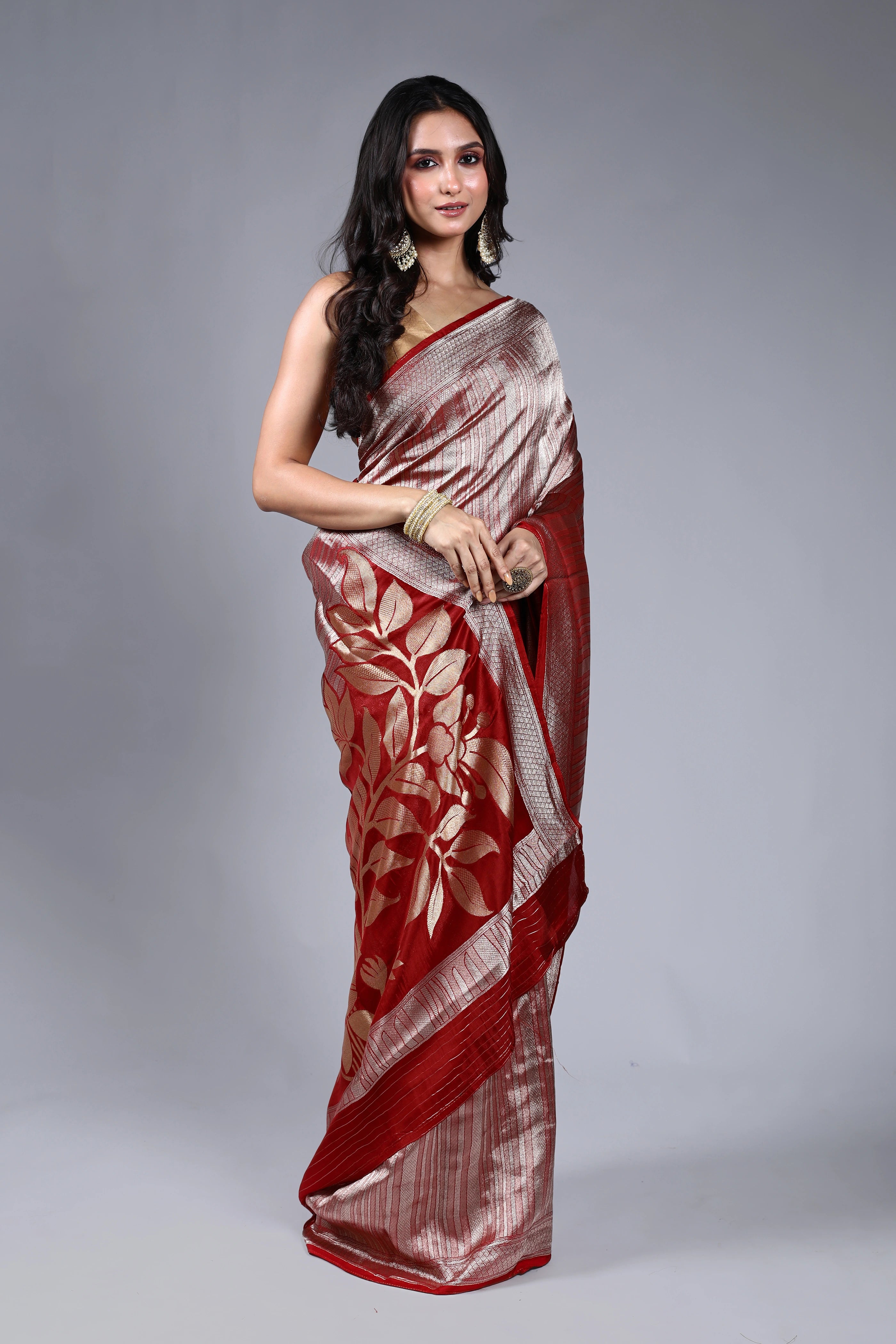 Dark Red Semi Mashru Saree With Blouse Piece