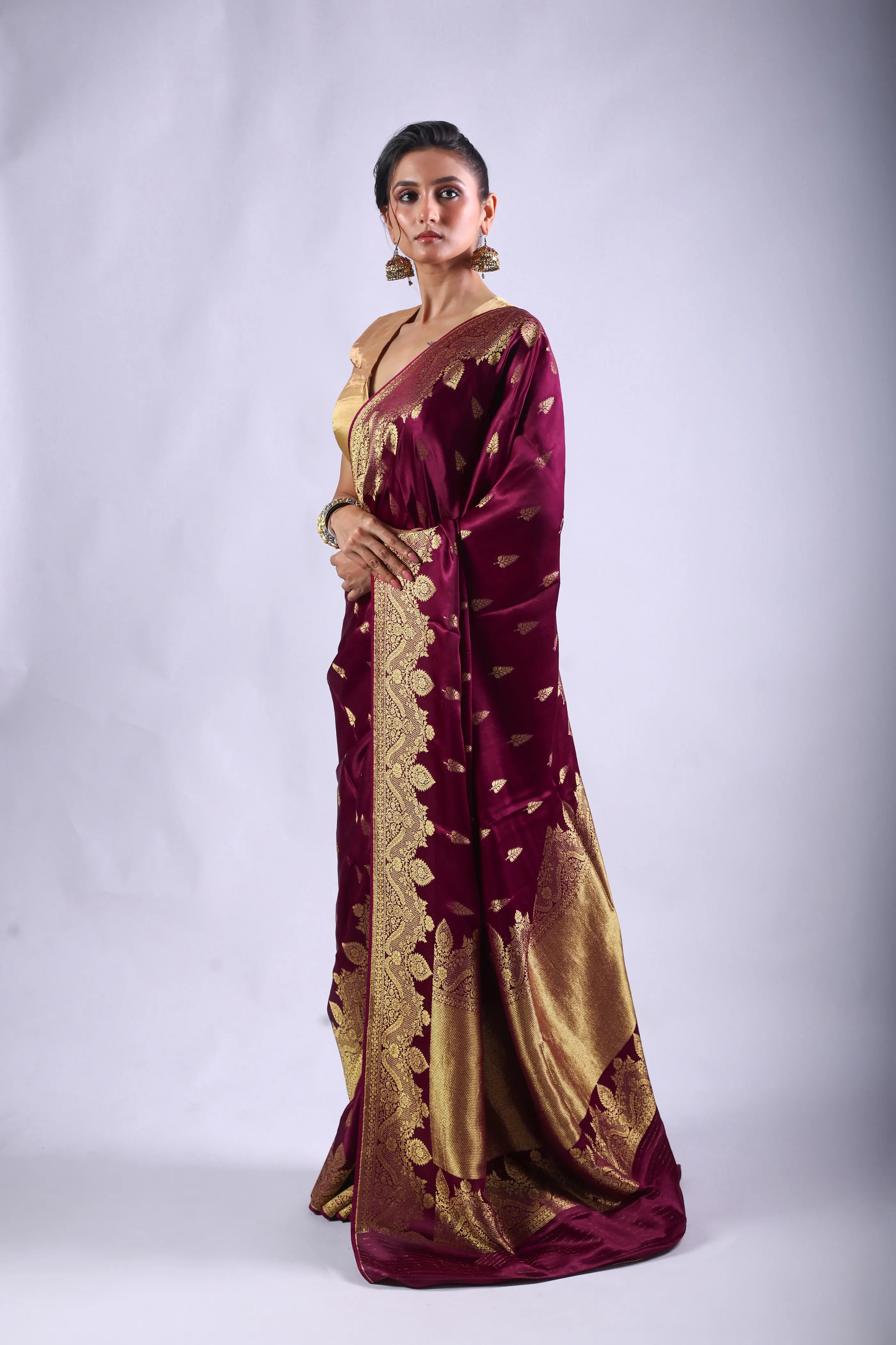 Wine Semi Mashru Saree With Blouse Piece