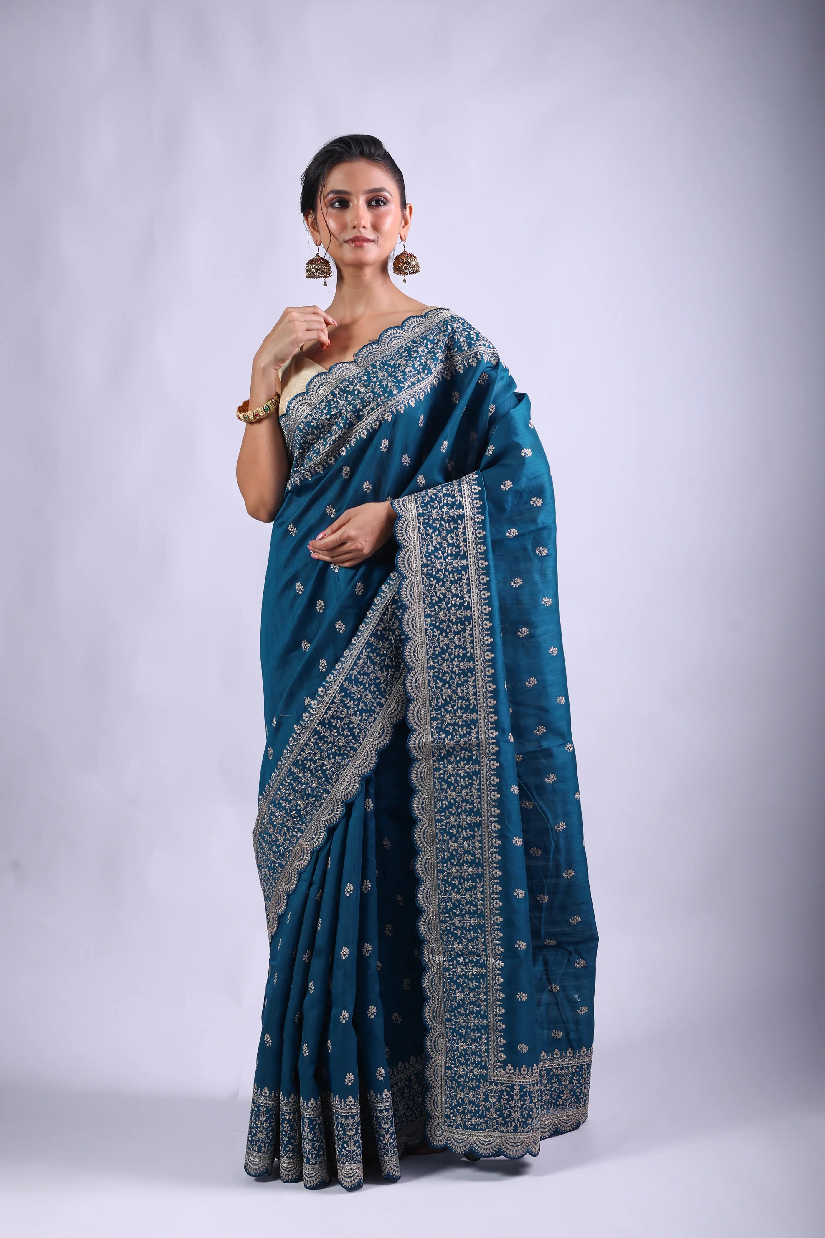 Peacock Blue Blended Tussar Semi Tussar Saree With Blouse Piece