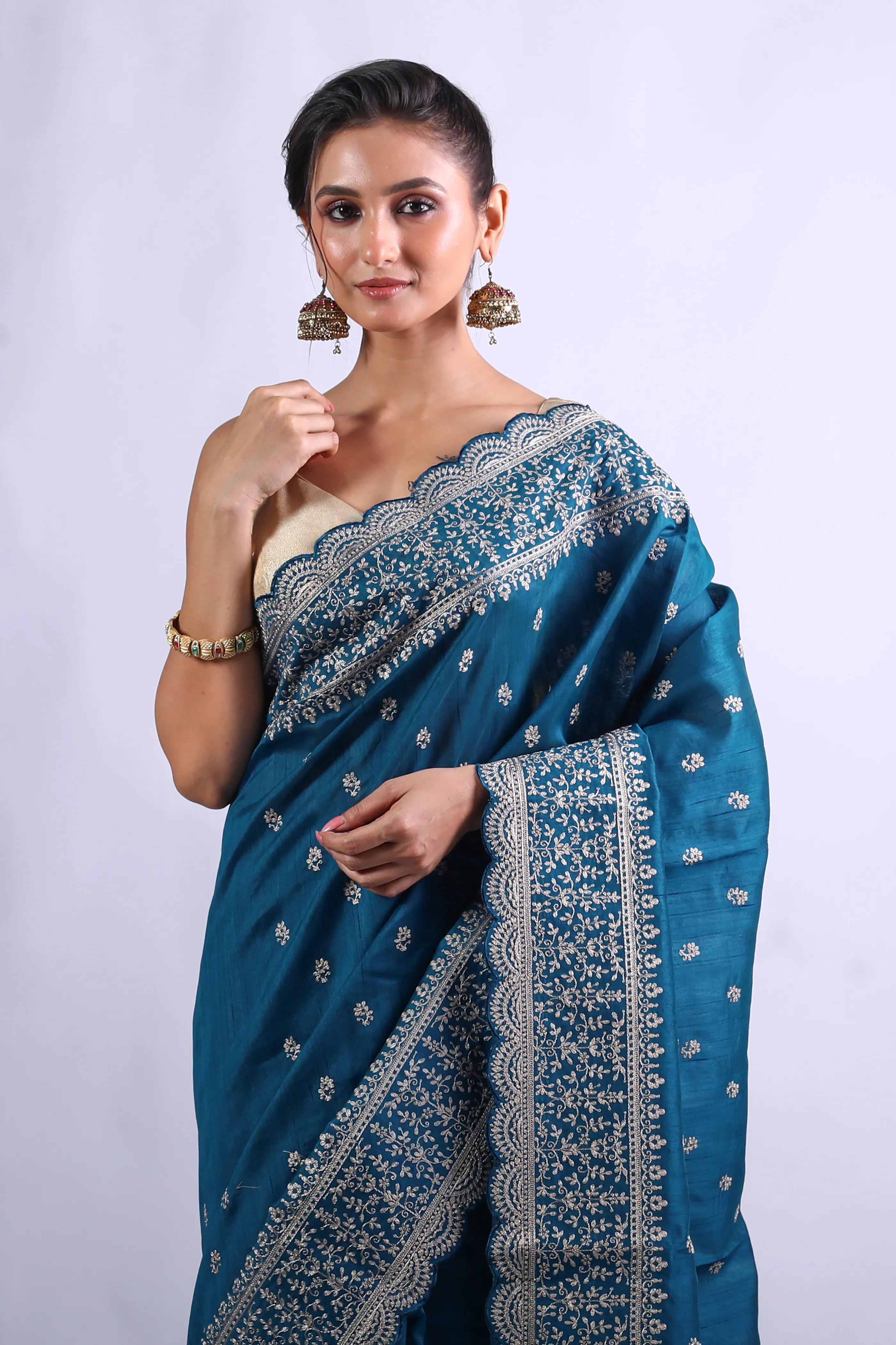 Peacock Blue Blended Tussar Semi Tussar Saree With Blouse Piece