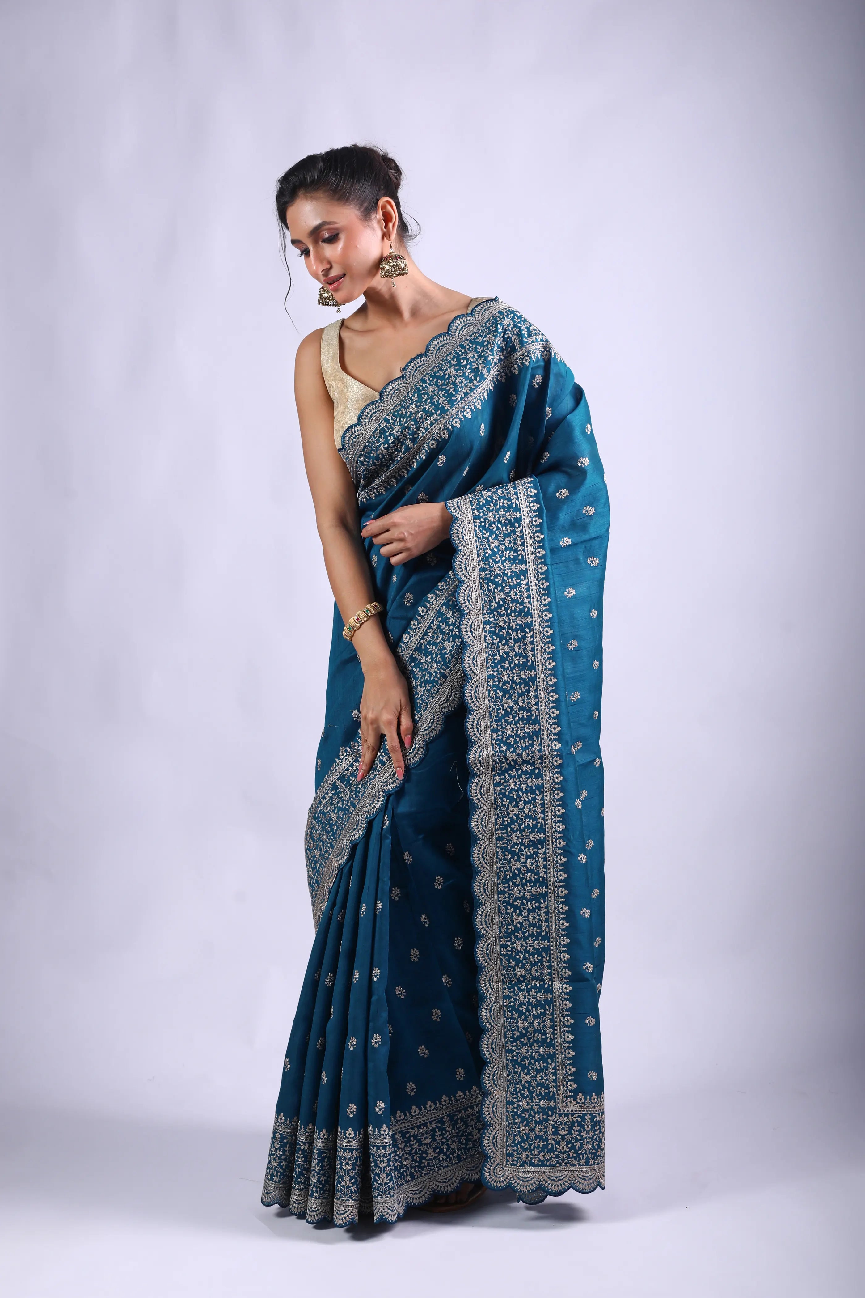 Peacock Blue Blended Tussar Semi Tussar Saree With Blouse Piece