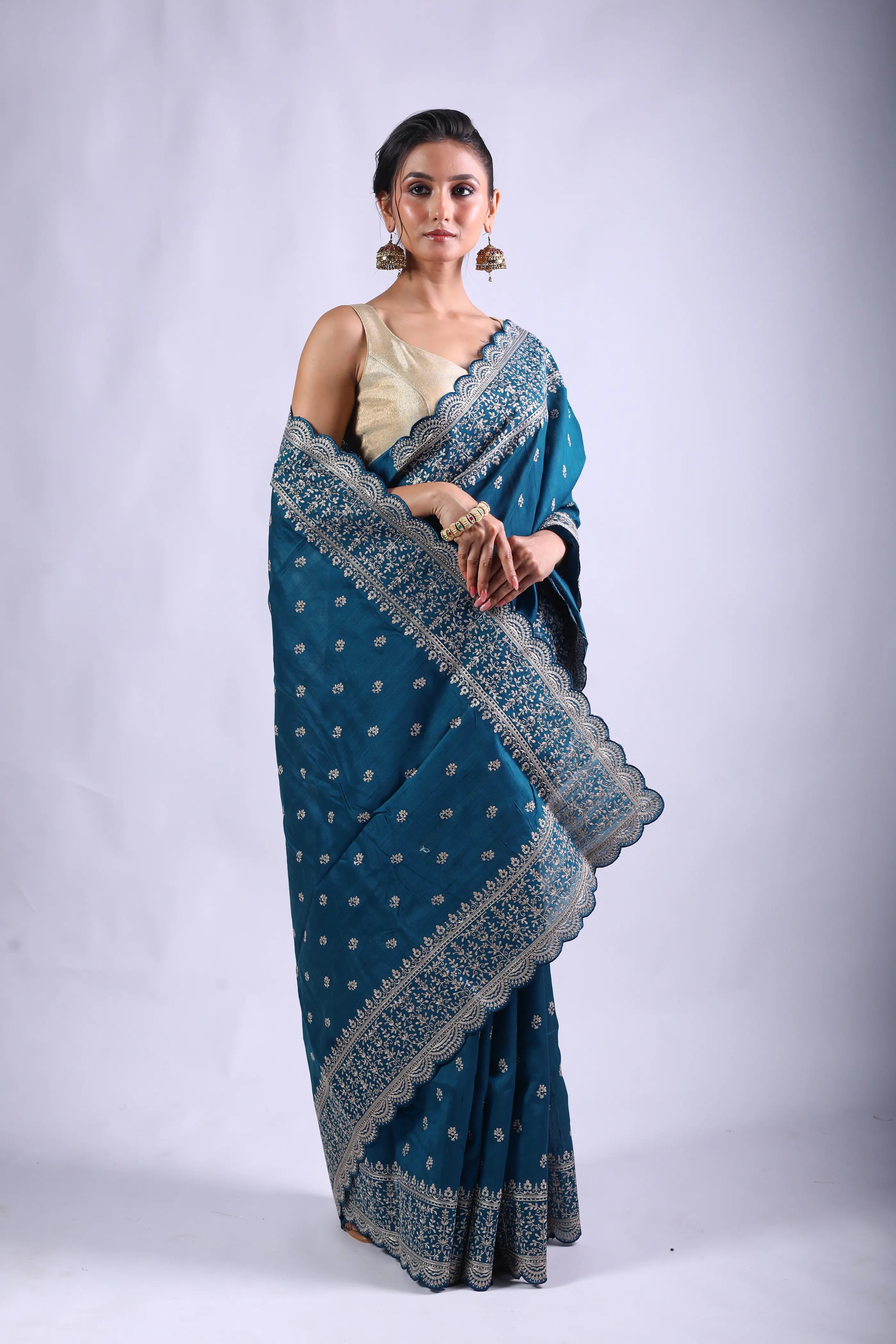 Peacock Blue Blended Tussar Semi Tussar Saree With Blouse Piece