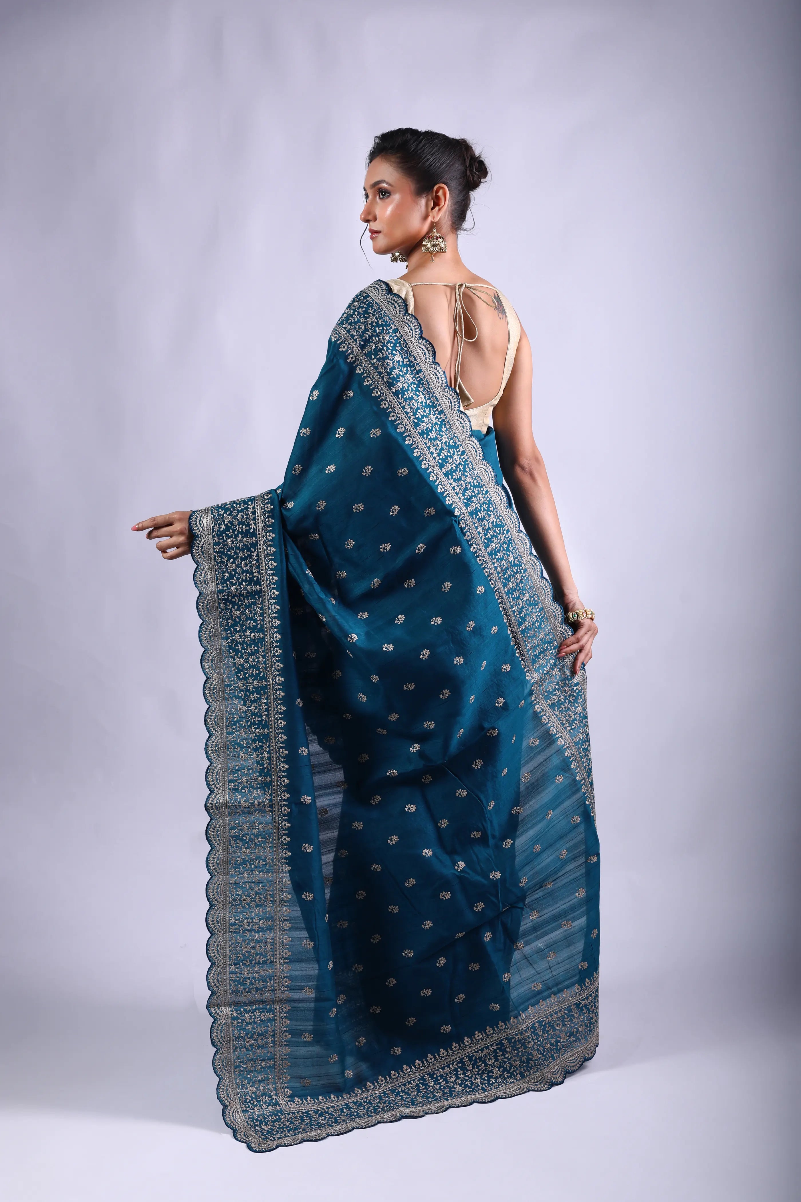 Peacock Blue Blended Tussar Semi Tussar Saree With Blouse Piece