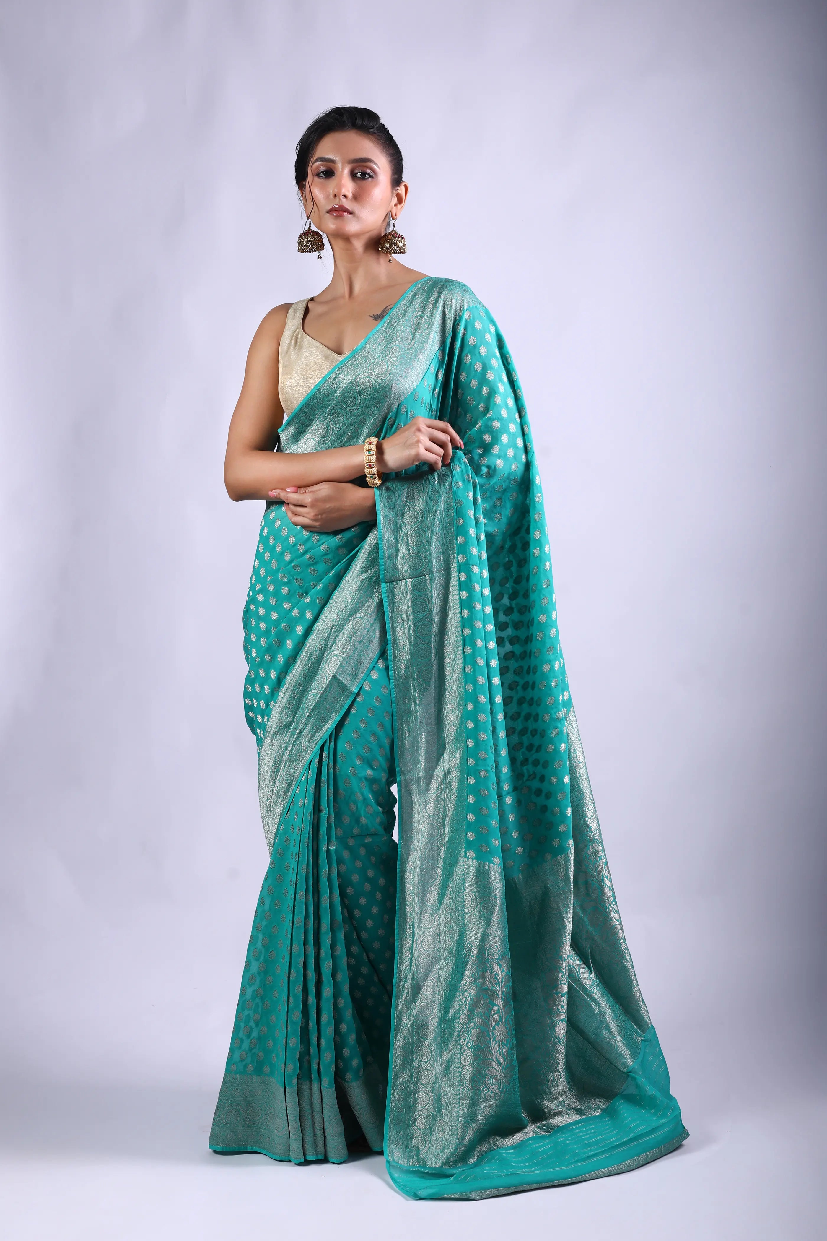 Sea Green Blended Khaddi Banarasi Saree With Blouse Piece