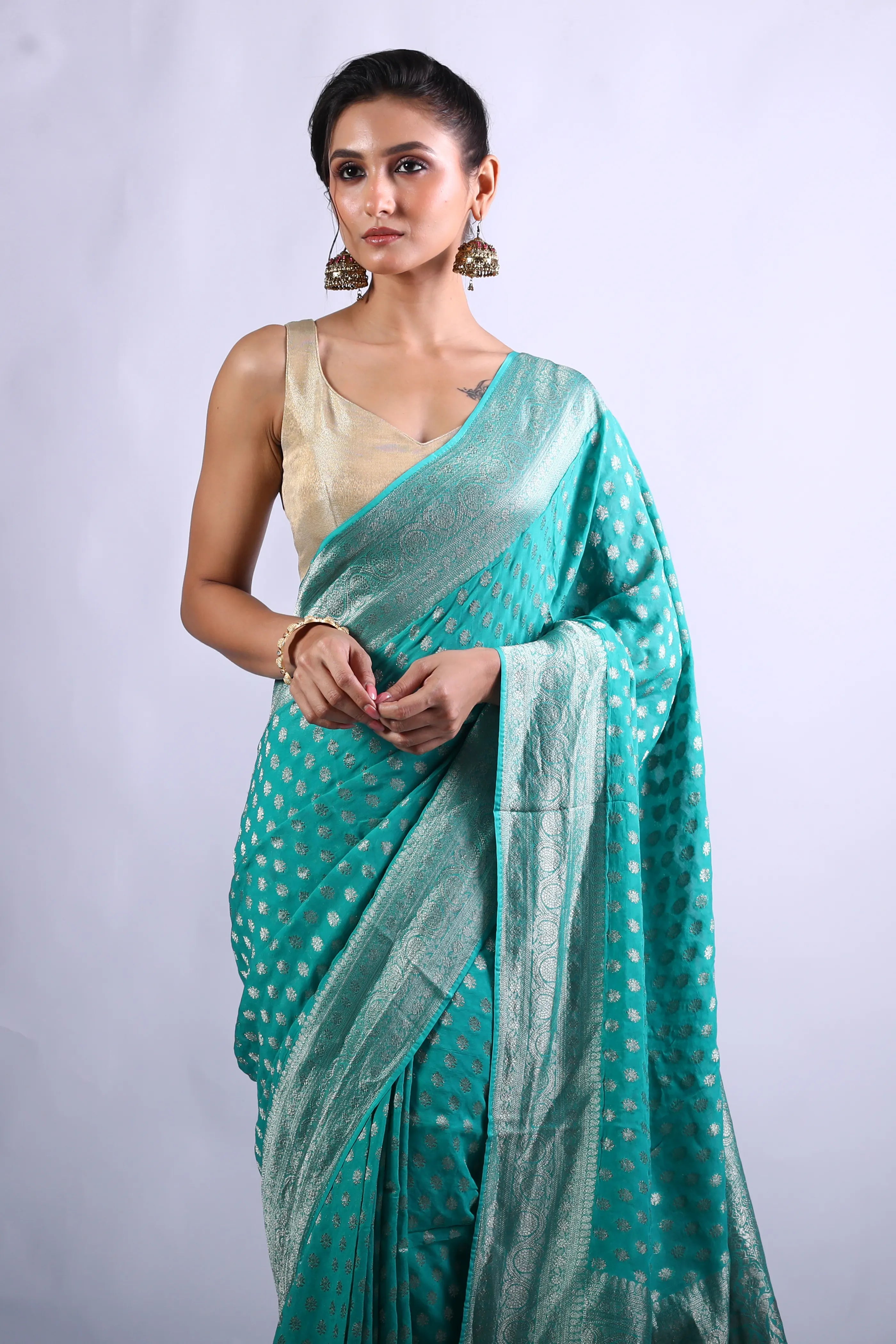 Sea Green Blended Khaddi Banarasi Saree With Blouse Piece