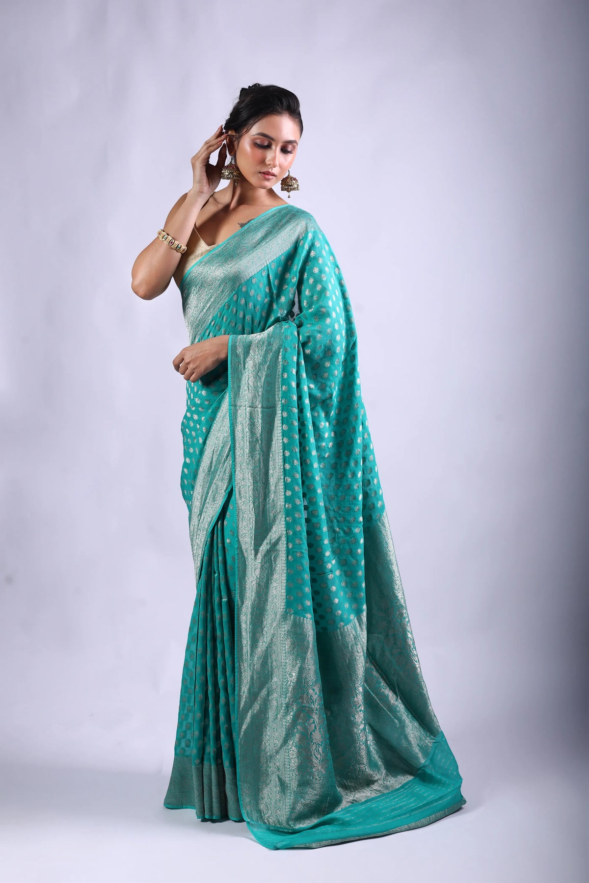 Sea Green Blended Khaddi Banarasi Saree With Blouse Piece