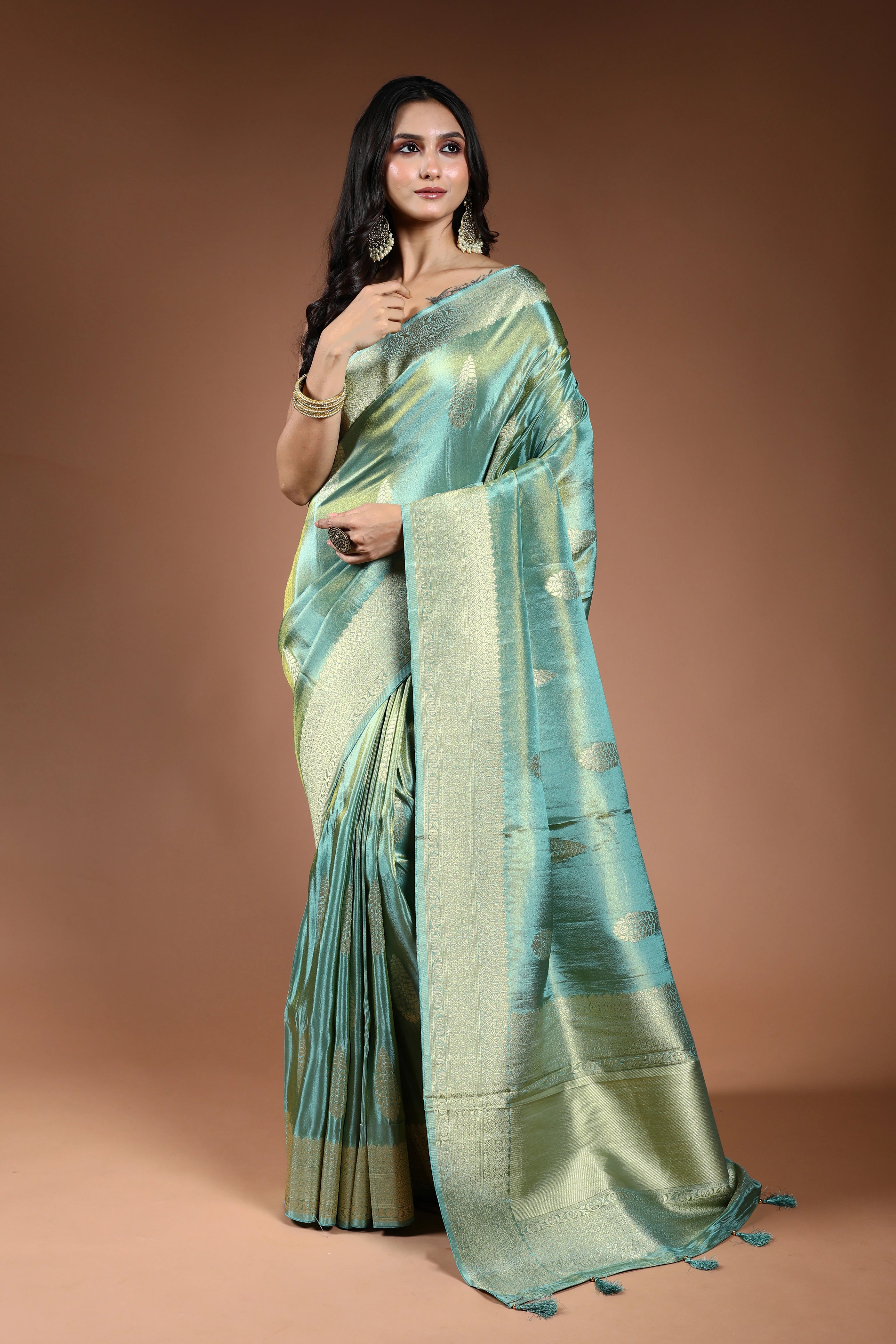 Dusty Sea Green Semi Tissue Banarasi Saree With Blouse Piece