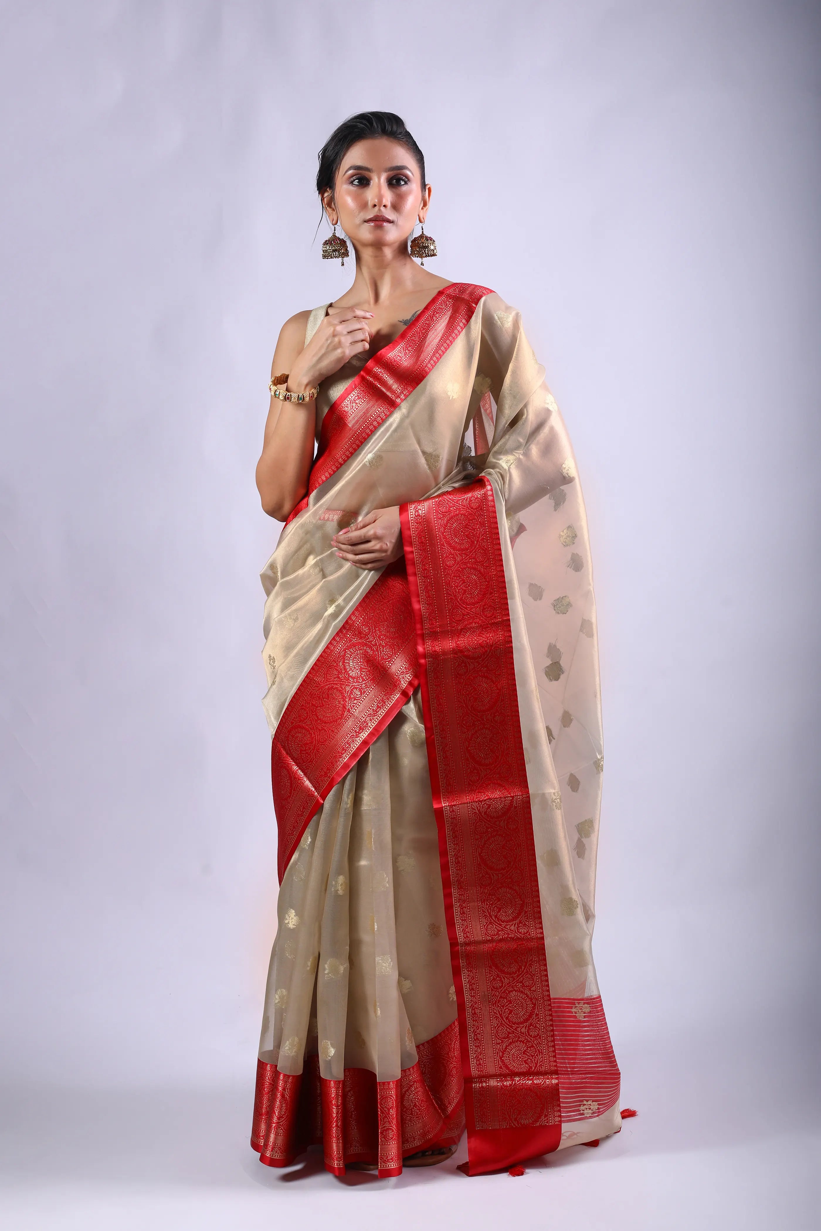Red & Beige Blended Tissue Banarasi Saree With Blouse Piece