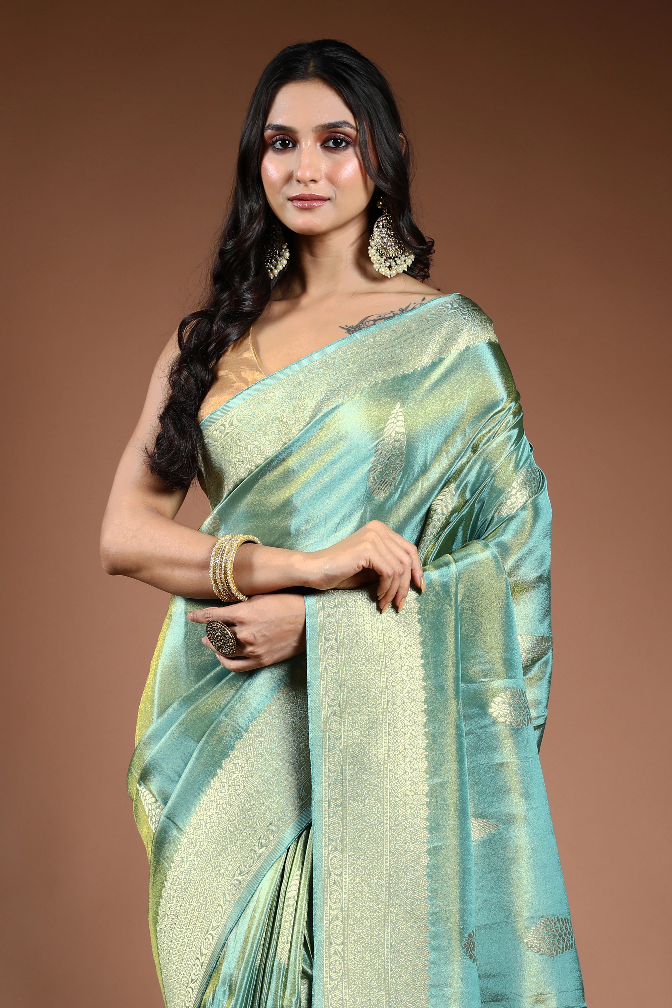 Dusty Sea Green Semi Tissue Banarasi Saree With Blouse Piece