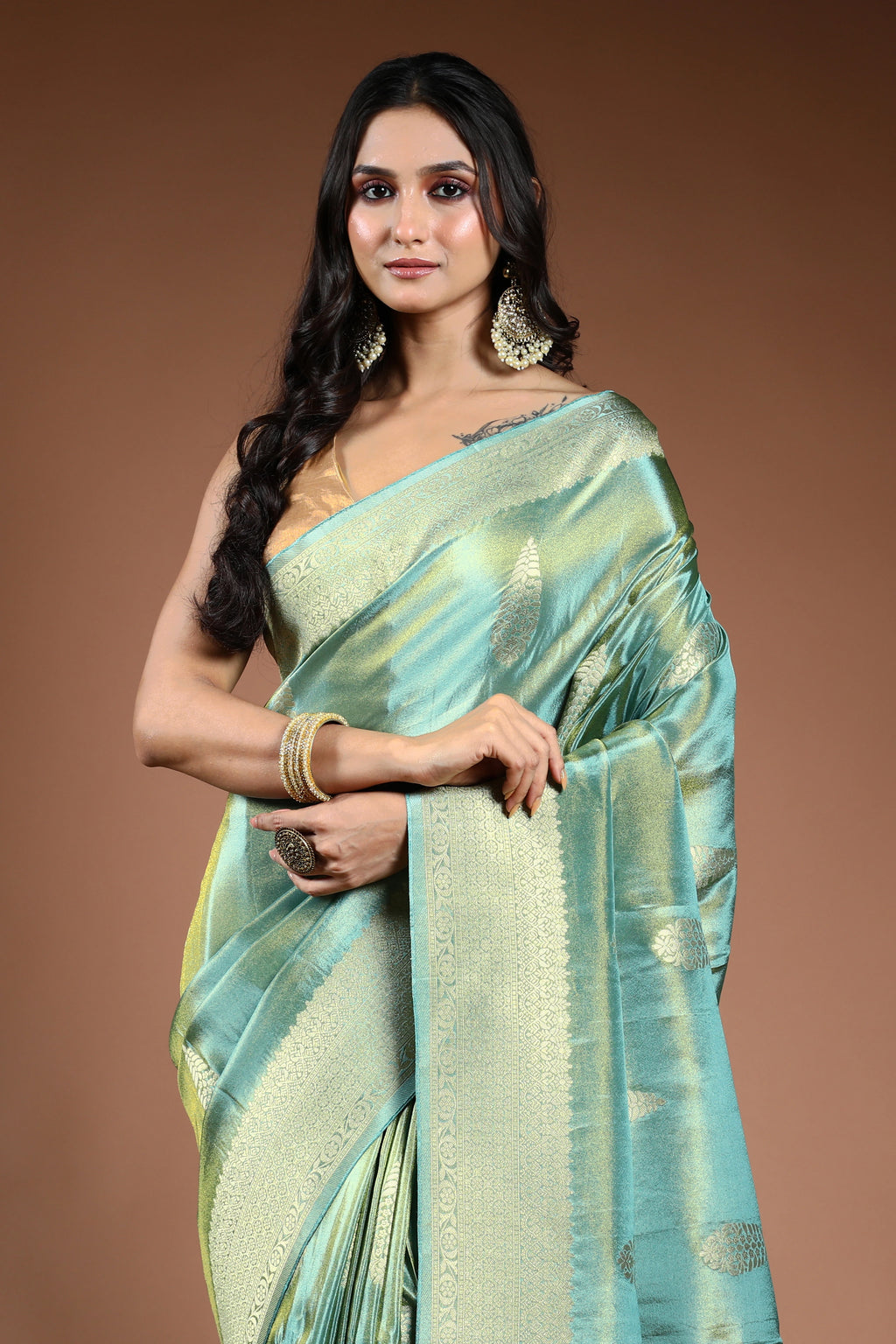 Dusty Sea Green Semi Tissue Banarasi Saree With Blouse Piece