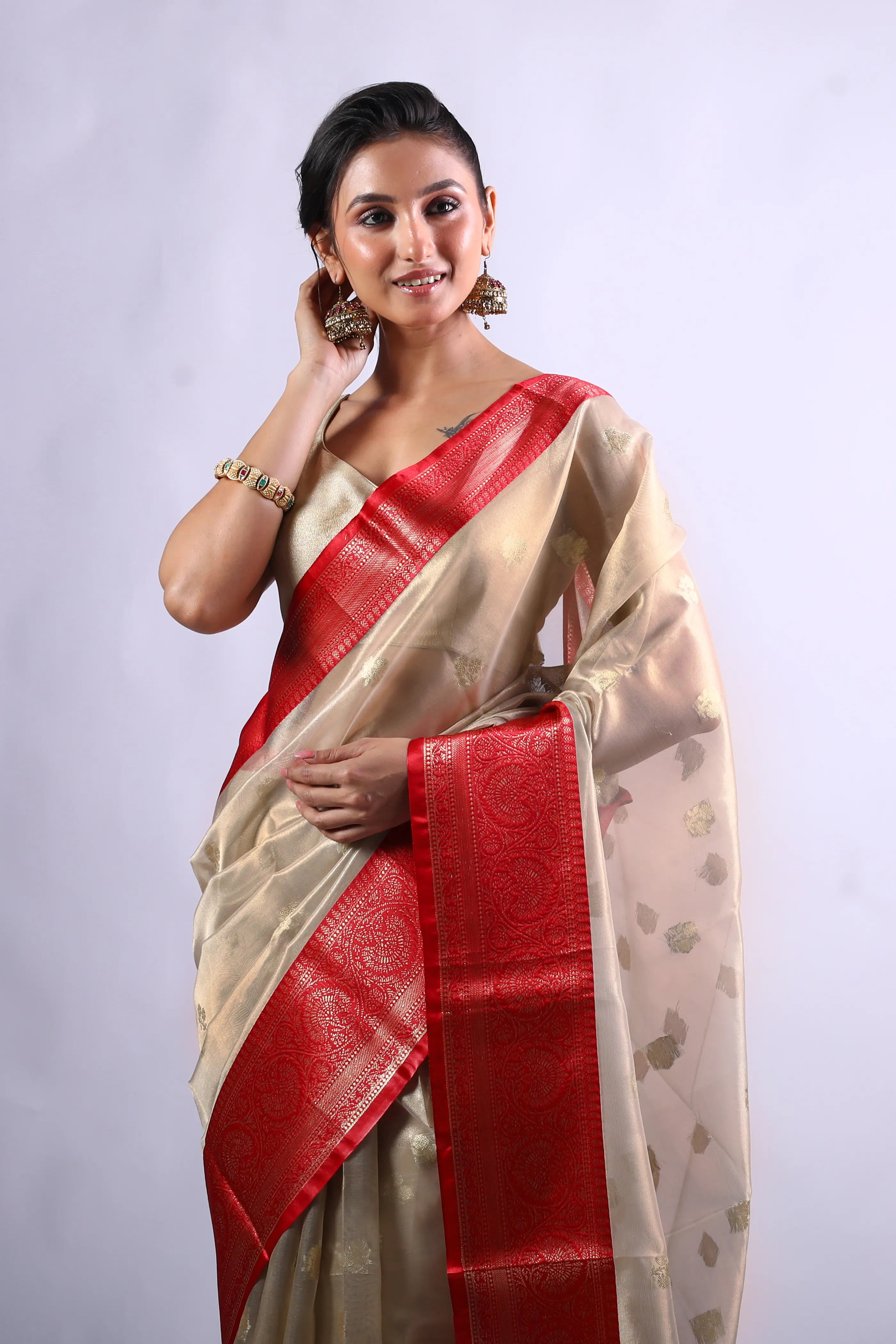 Red & Beige Blended Tissue Banarasi Saree With Blouse Piece