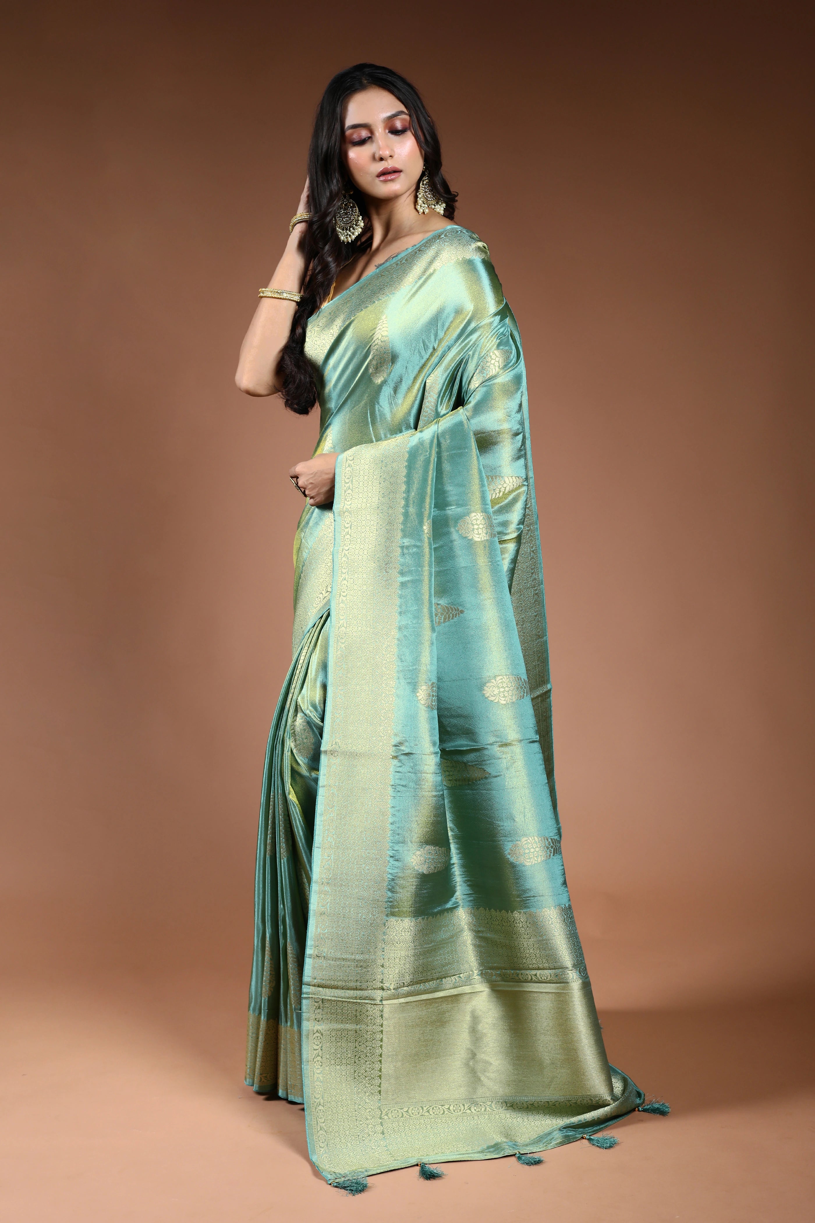 Dusty Sea Green Semi Tissue Banarasi Saree With Blouse Piece
