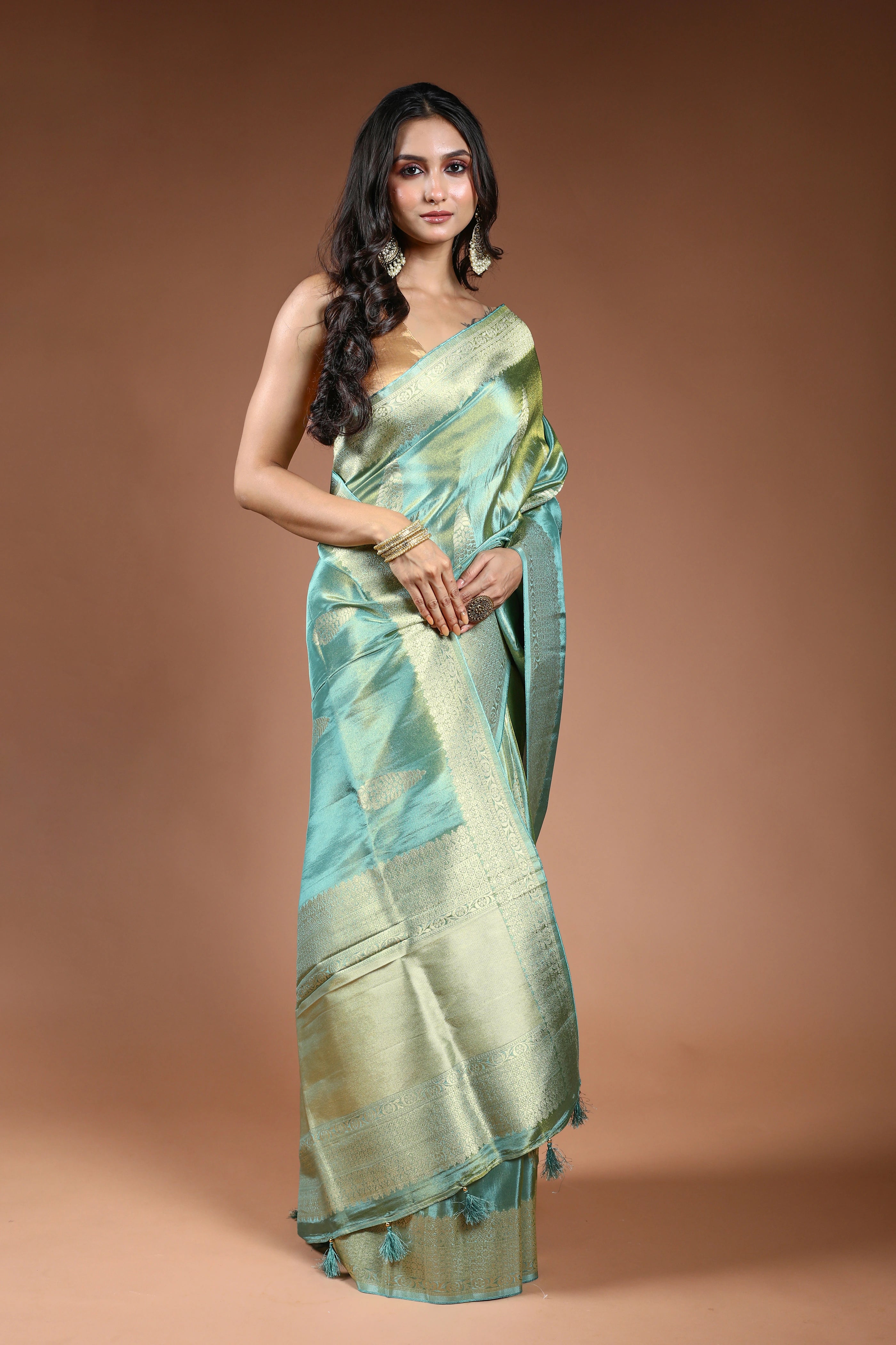 Dusty Sea Green Semi Tissue Banarasi Saree With Blouse Piece