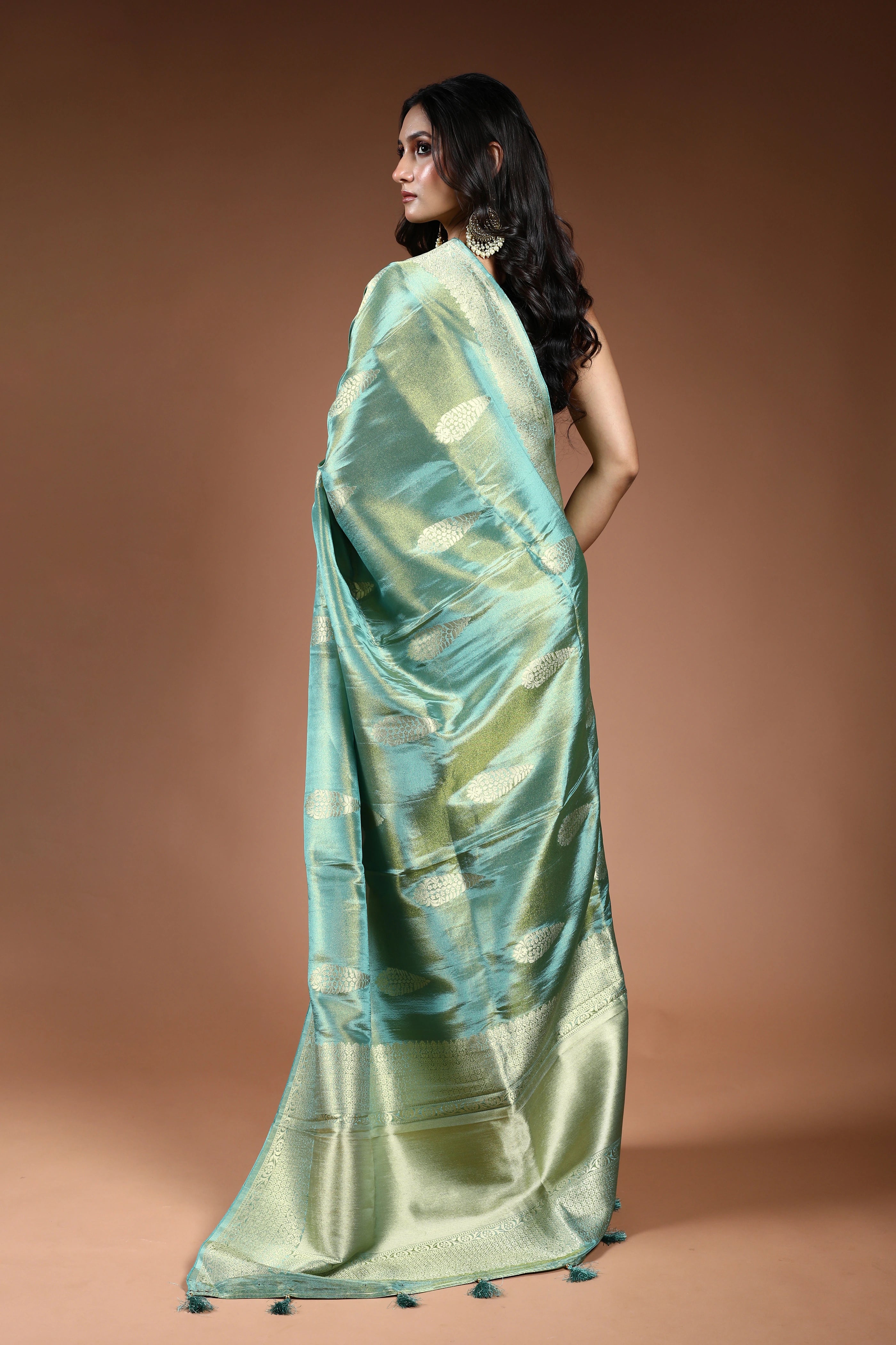 Dusty Sea Green Semi Tissue Banarasi Saree With Blouse Piece
