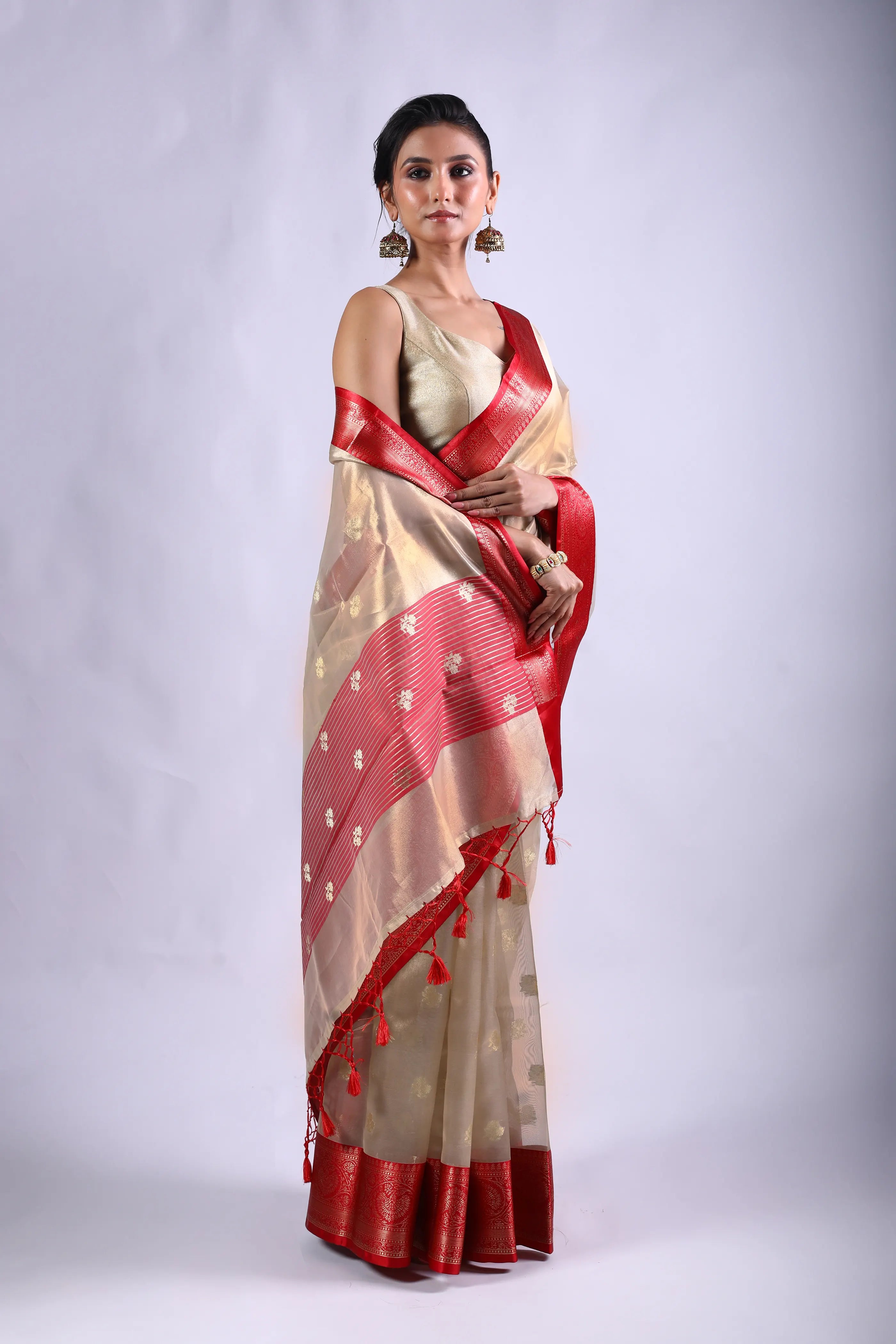 Red & Beige Blended Tissue Banarasi Saree With Blouse Piece
