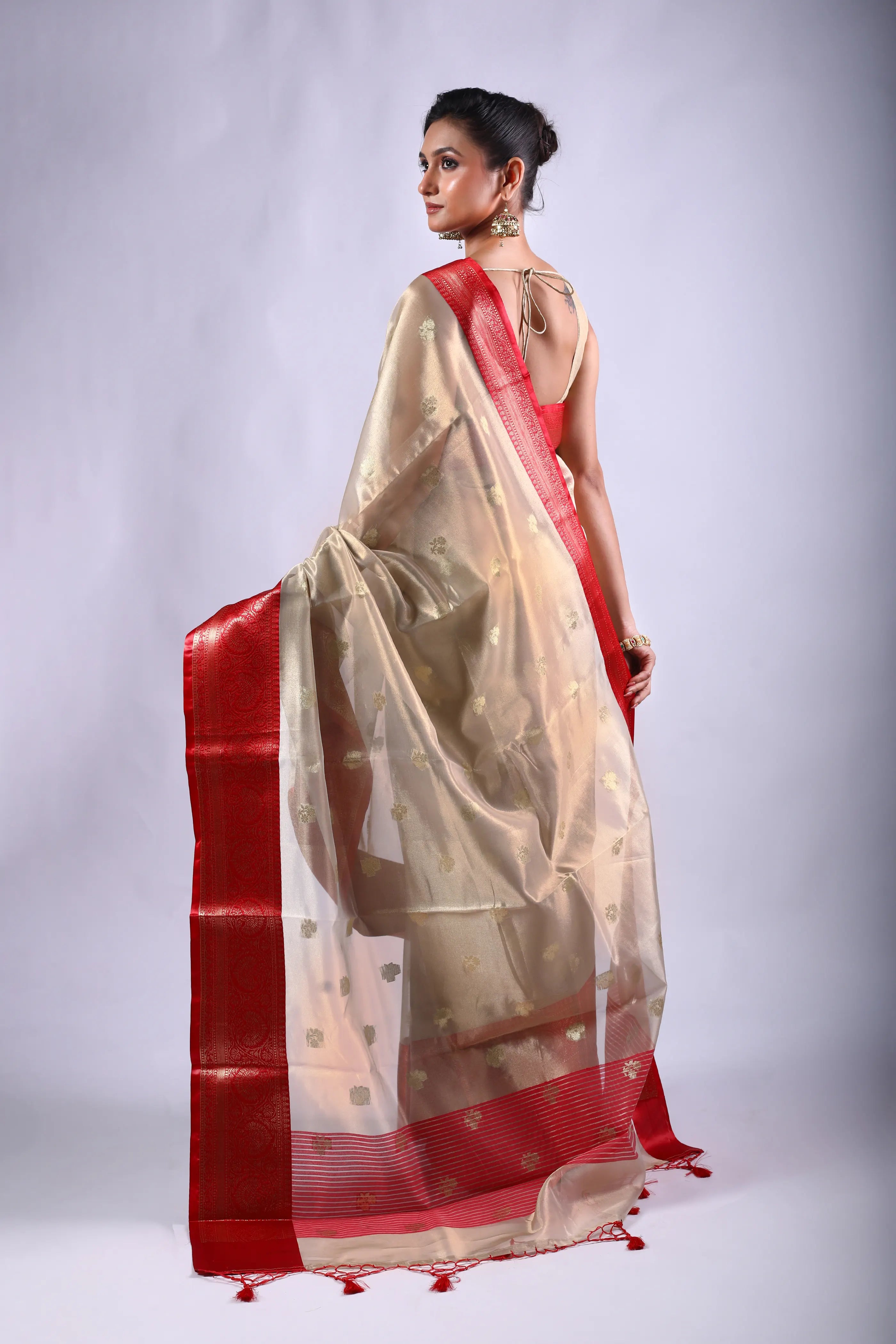 Red & Beige Blended Tissue Banarasi Saree With Blouse Piece
