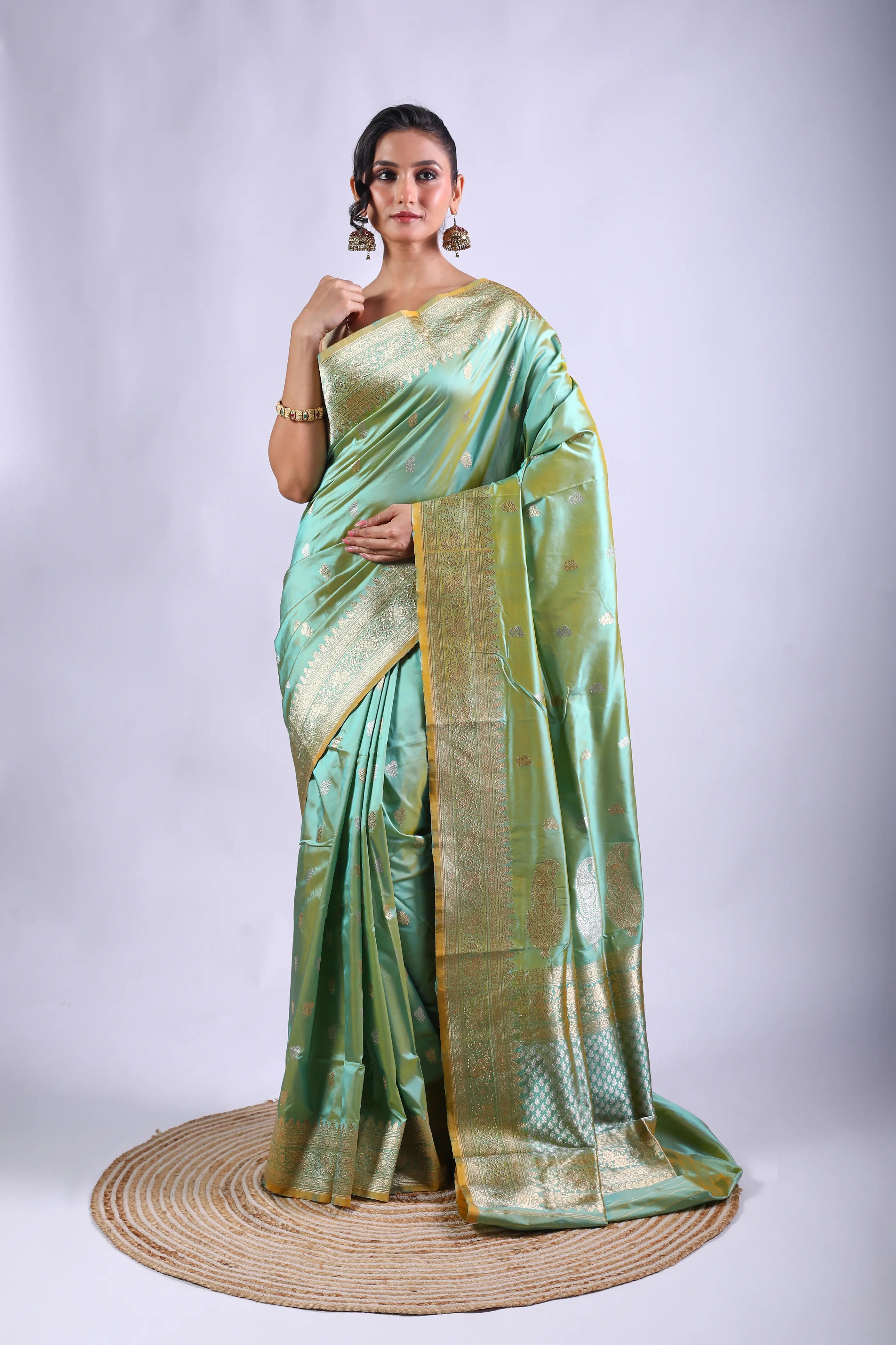 Powder Green Dual Tone Katan Banarasi Saree With Blouse Piece