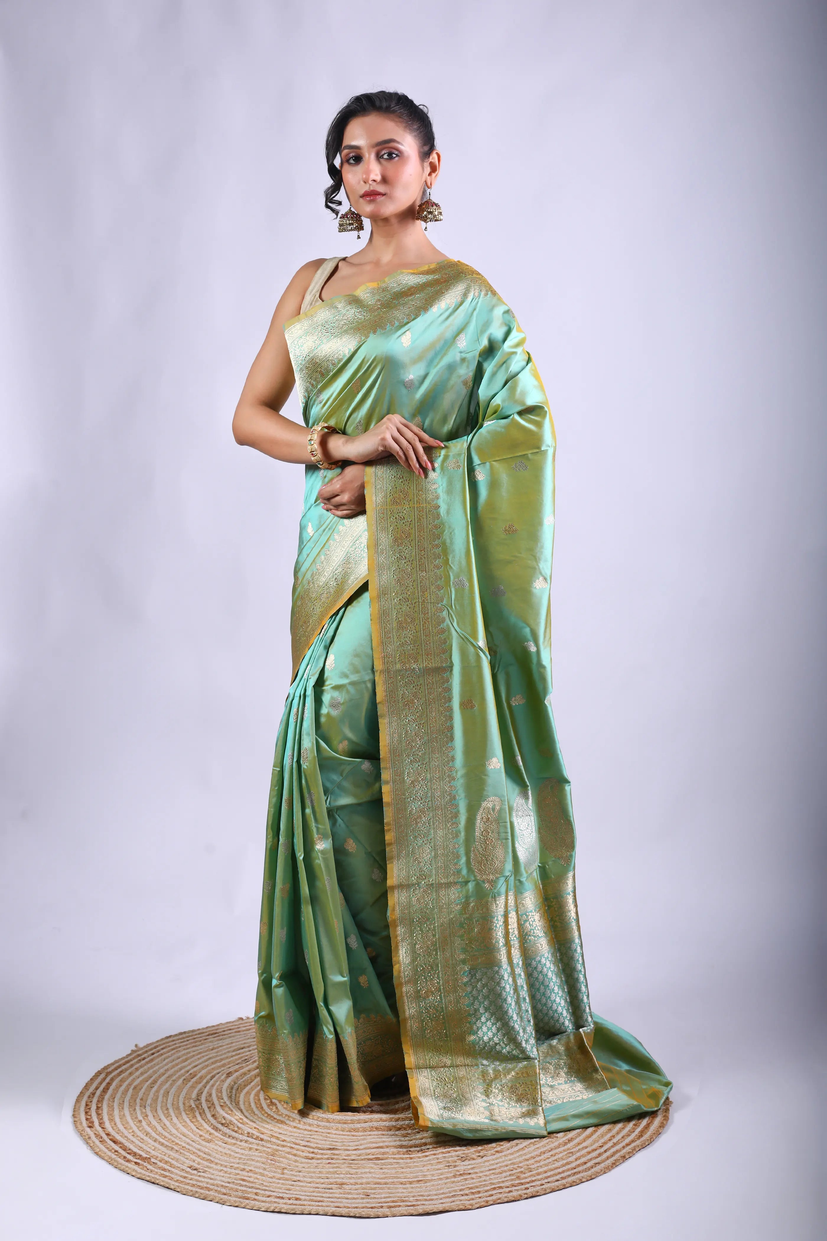 Powder Green Dual Tone Katan Banarasi Saree With Blouse Piece