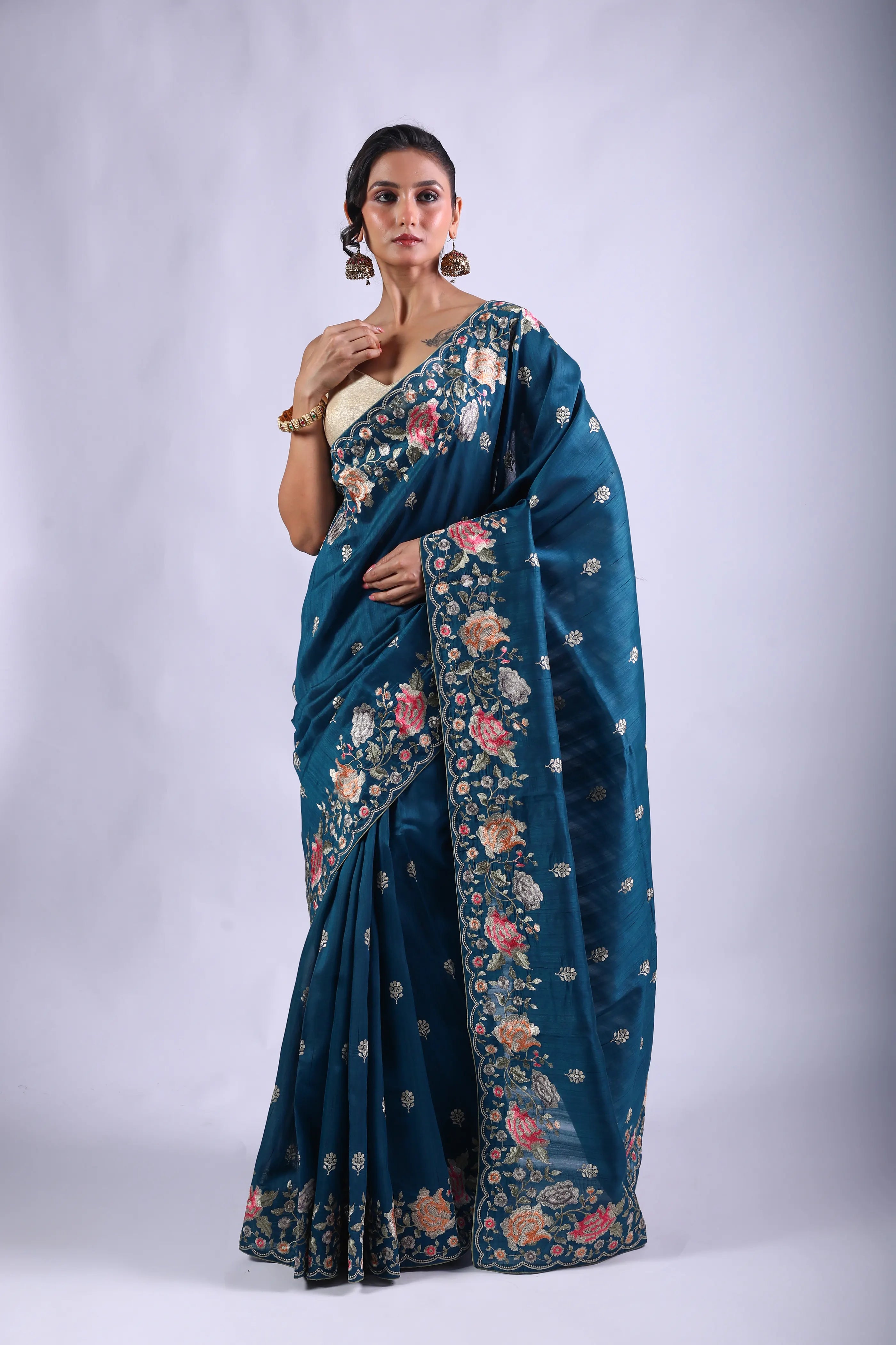 Peacock Blue Blended Tussar Semi Tussar Saree With Blouse Piece