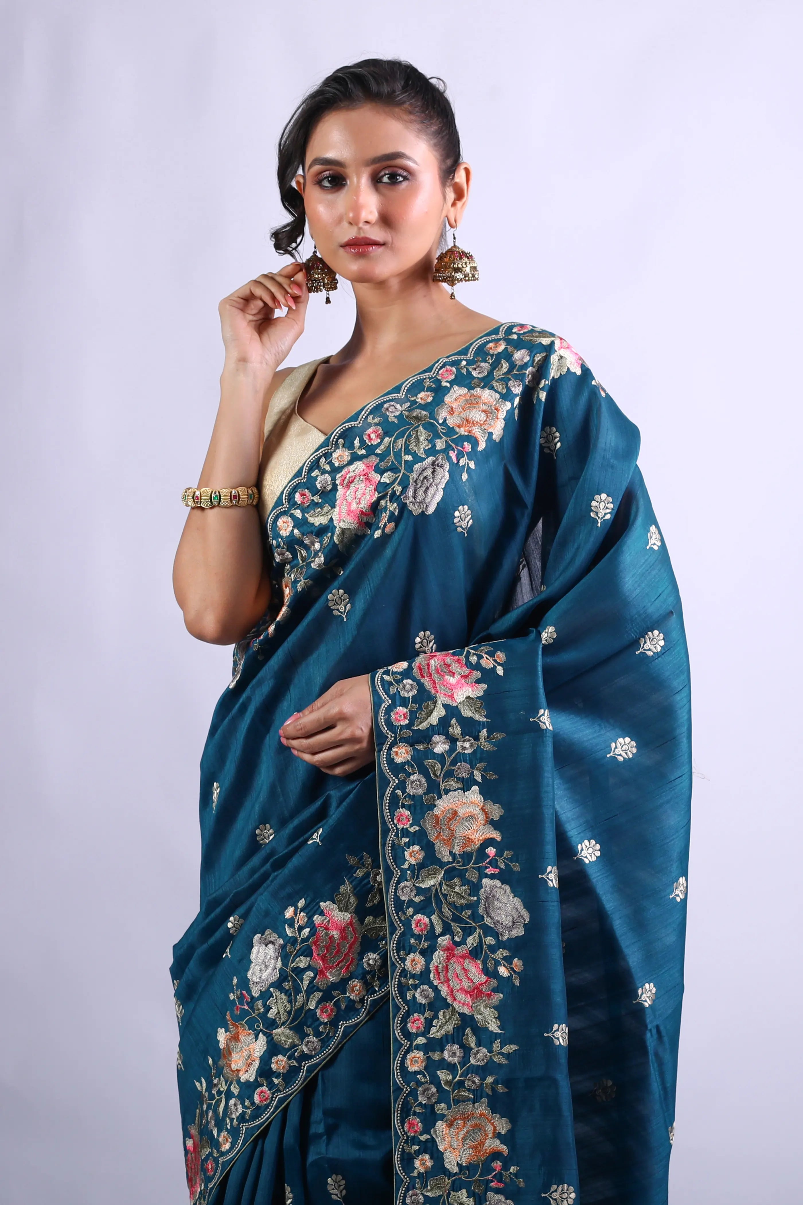 Peacock Blue Blended Tussar Semi Tussar Saree With Blouse Piece