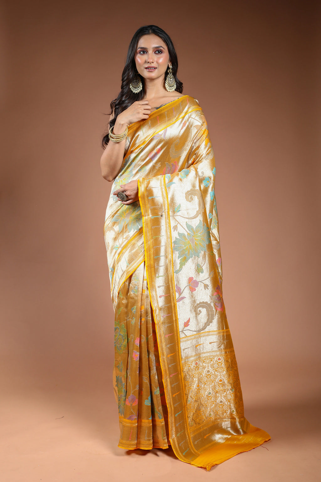 Mango Yellow Semi Mashru Saree With Blouse Piece