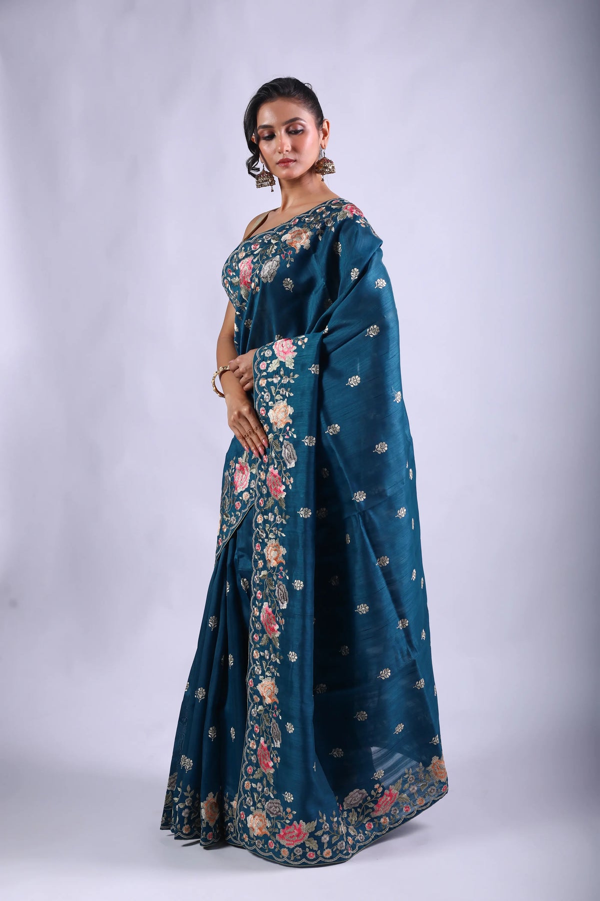 Peacock Blue Blended Semi Tussar Saree With Blouse Piece