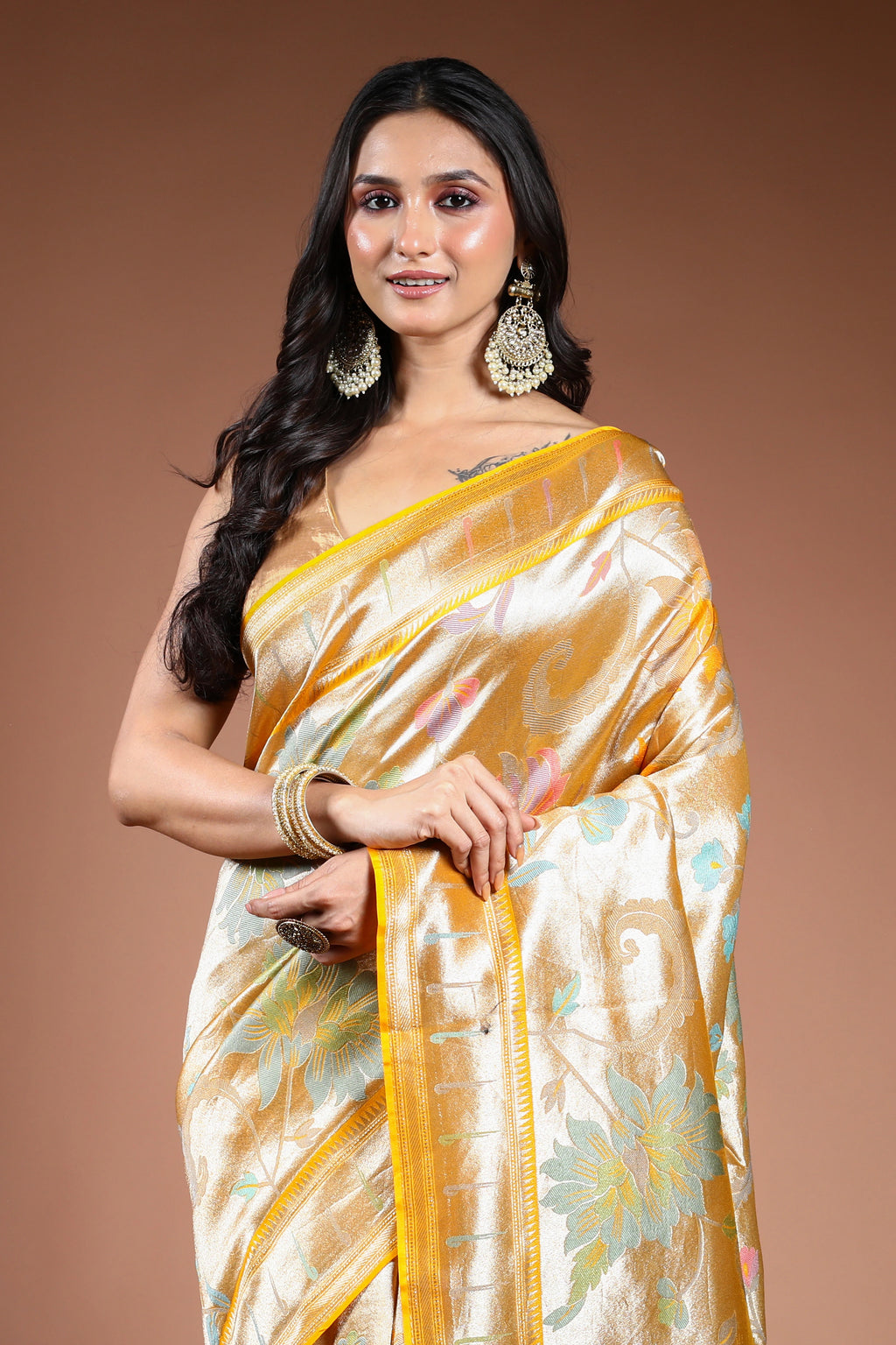 Mango Yellow Semi Mashru Saree With Blouse Piece