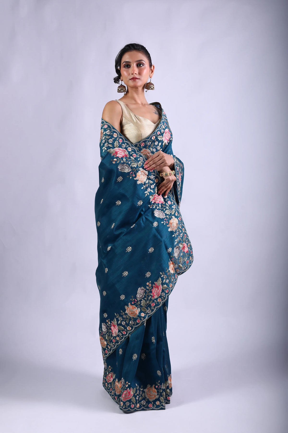 Peacock Blue Blended Semi Tussar Saree With Blouse Piece
