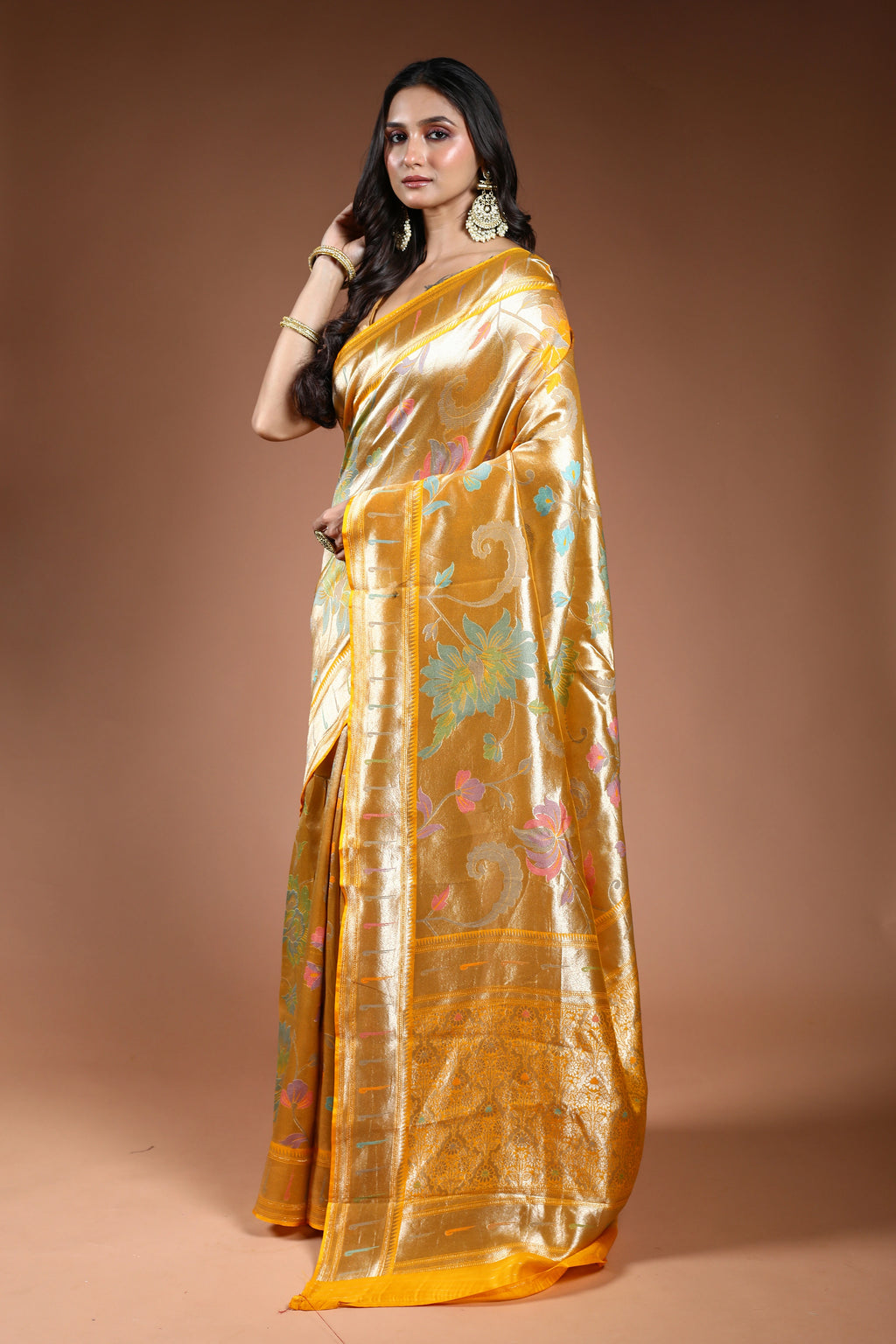 Mango Yellow Semi Mashru Saree With Blouse Piece