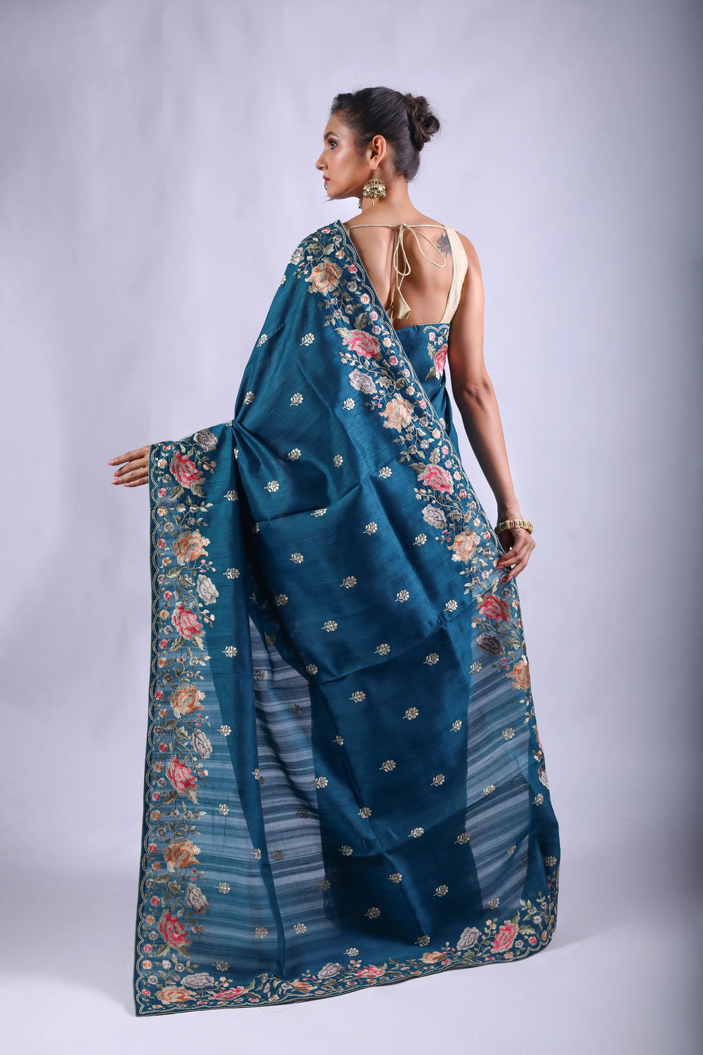 Peacock Blue Blended Semi Tussar Saree With Blouse Piece