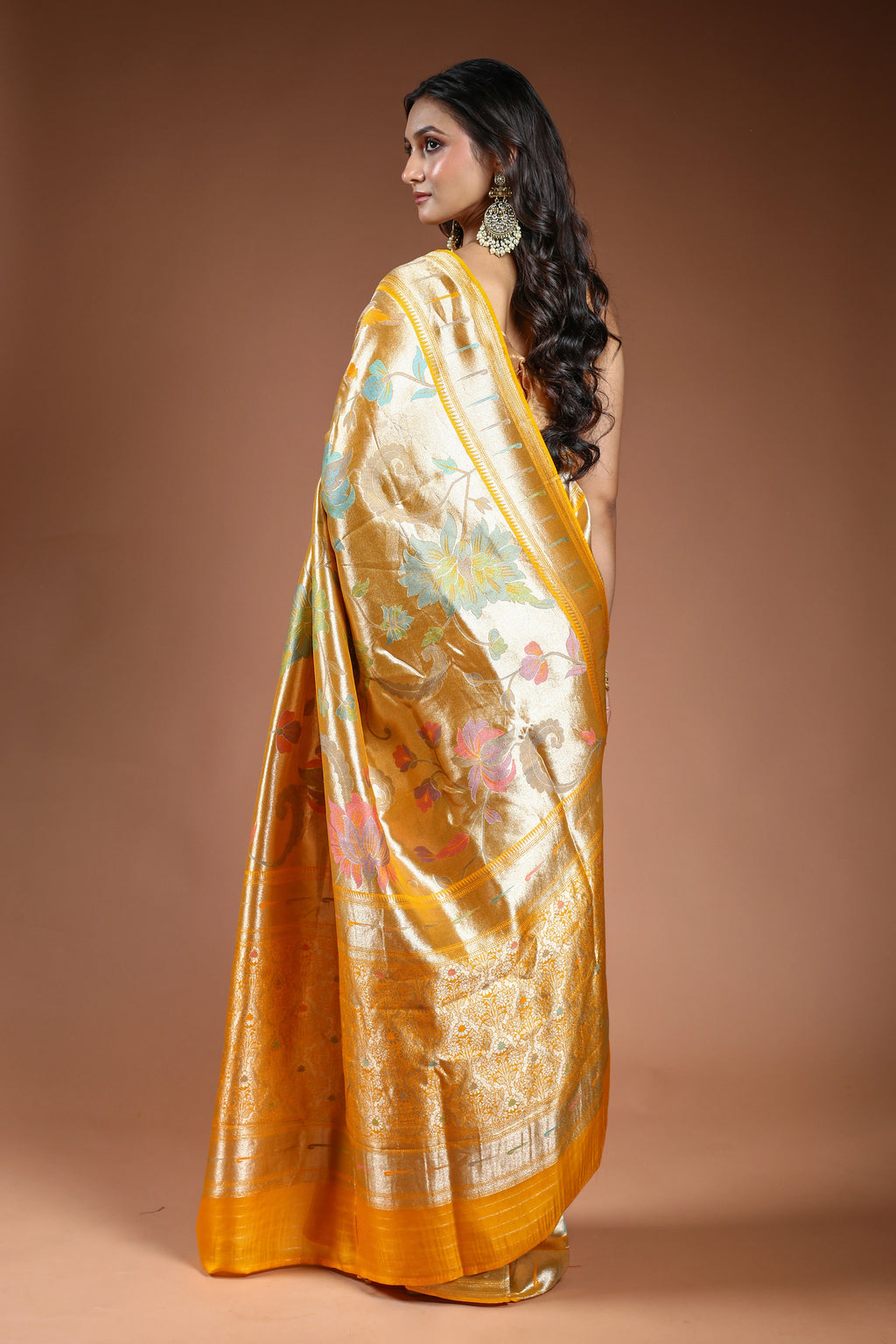 Mango Yellow Semi Mashru Saree With Blouse Piece