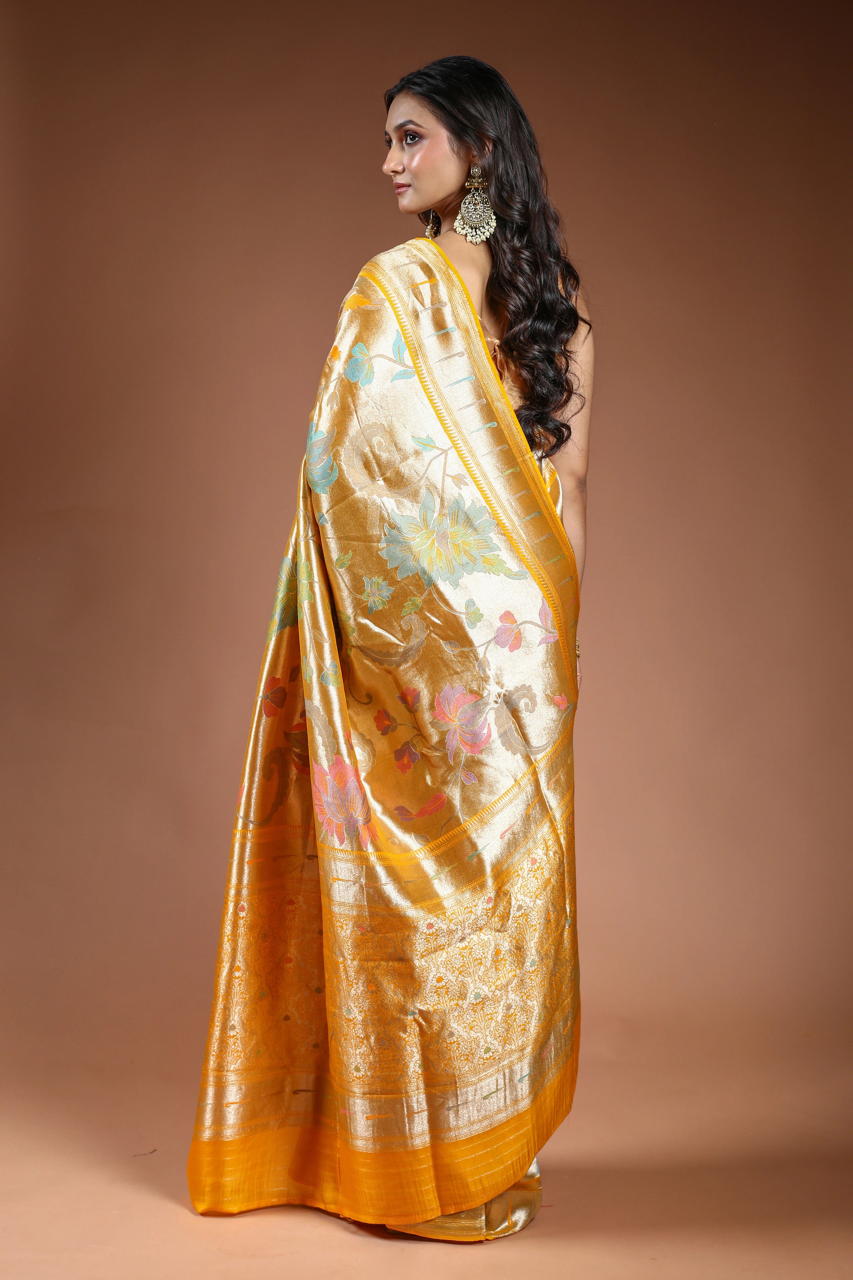Mango Yellow Semi Mashru Saree With Blouse Piece